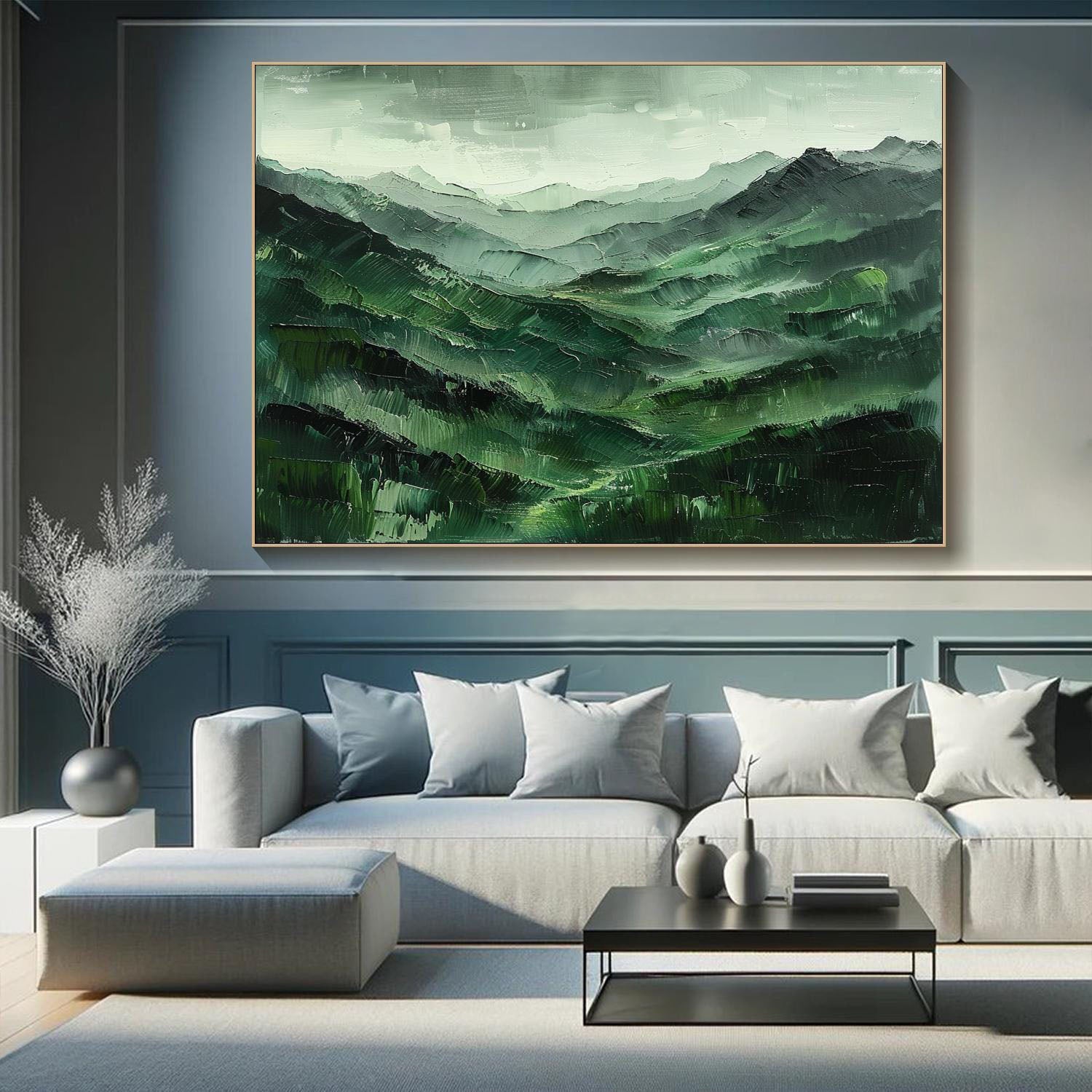 Hand-Painted Green Mountain Landscape | Tranquil Wall Art #TC 004