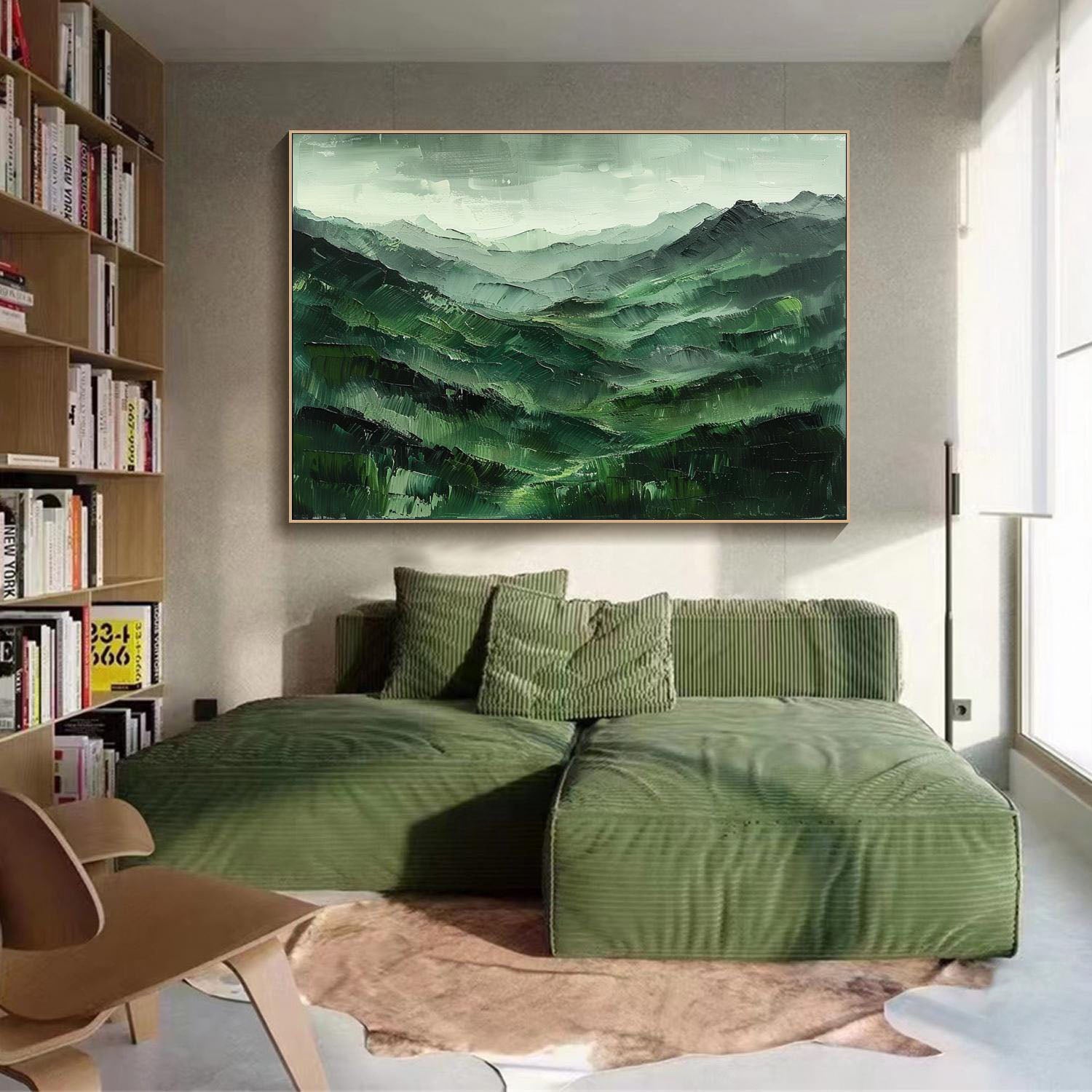Hand-Painted Green Mountain Landscape | Tranquil Wall Art #TC 004