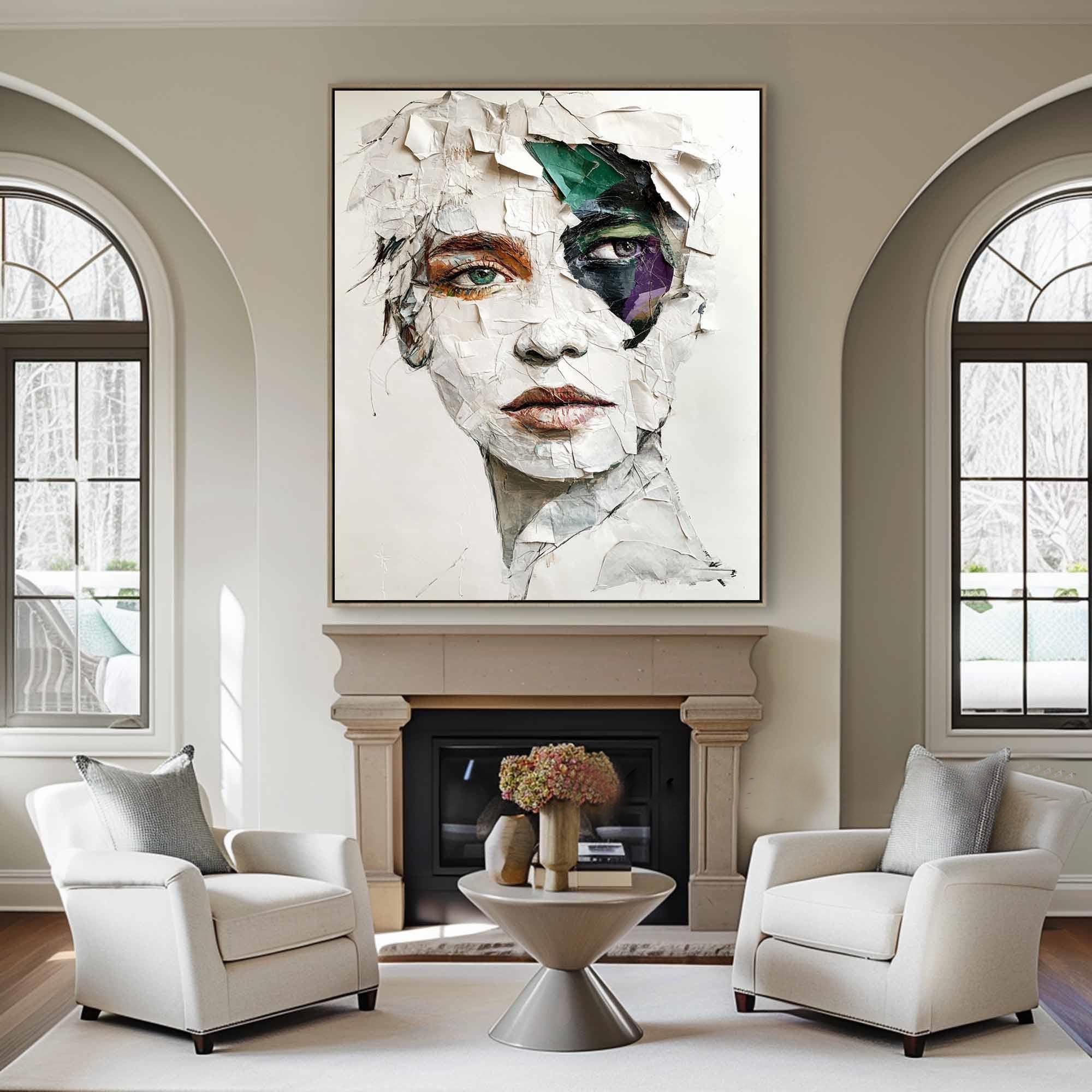 Modern Abstract Portrait Art, White Gray Green Purple #TB 062
