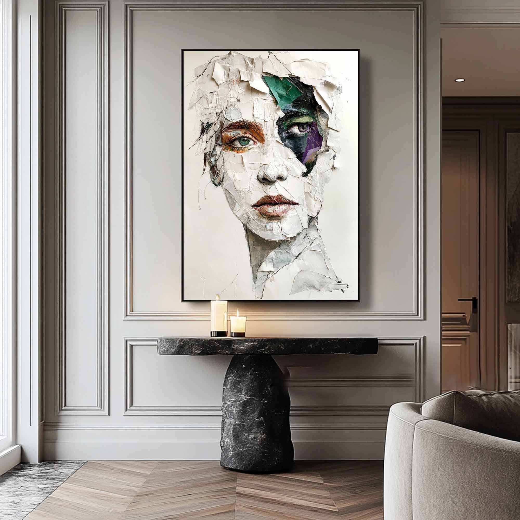 Modern Abstract Portrait Art, White Gray Green Purple #TB 062