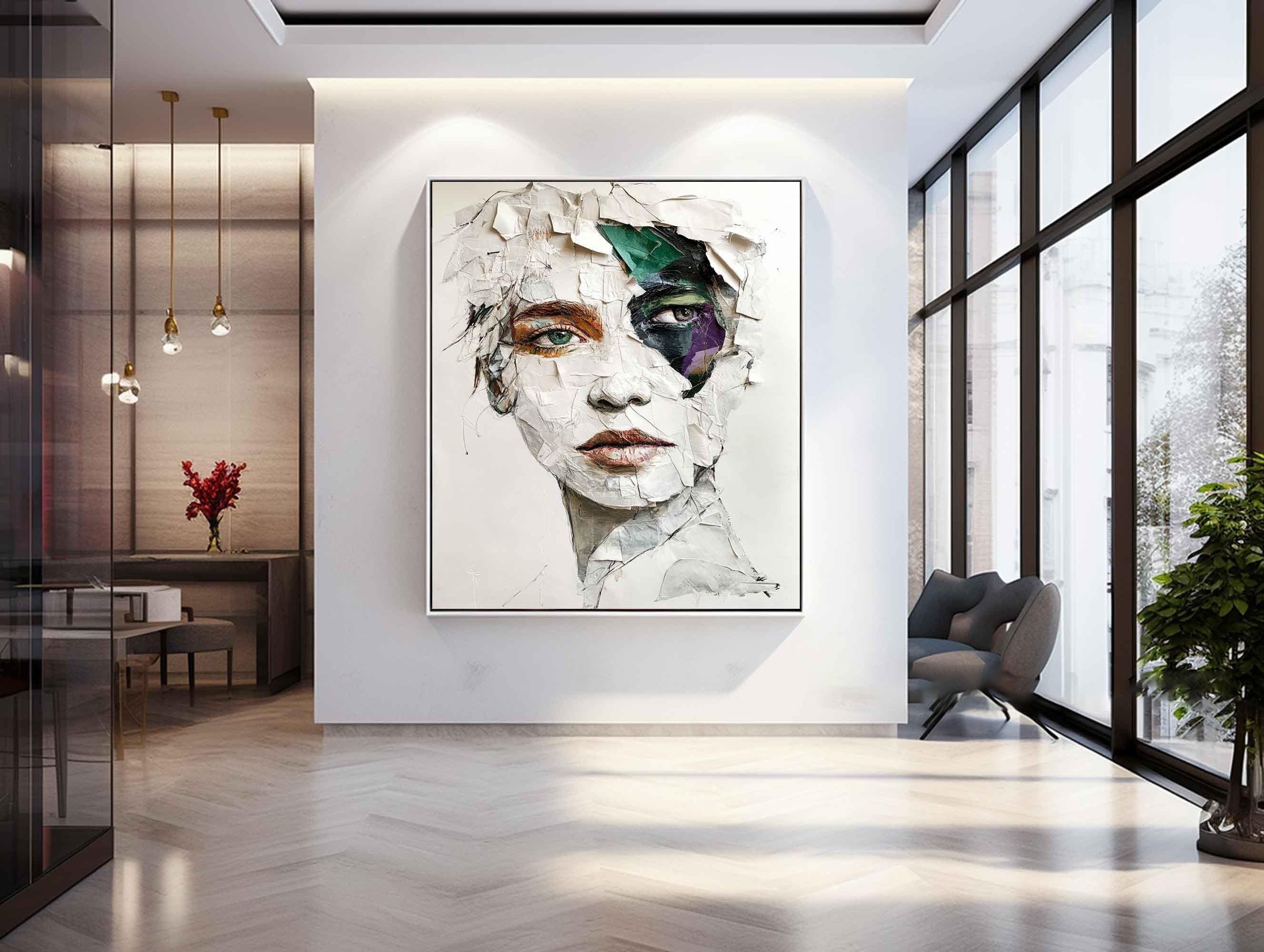 Modern Abstract Portrait Art, White Gray Green Purple #TB 062