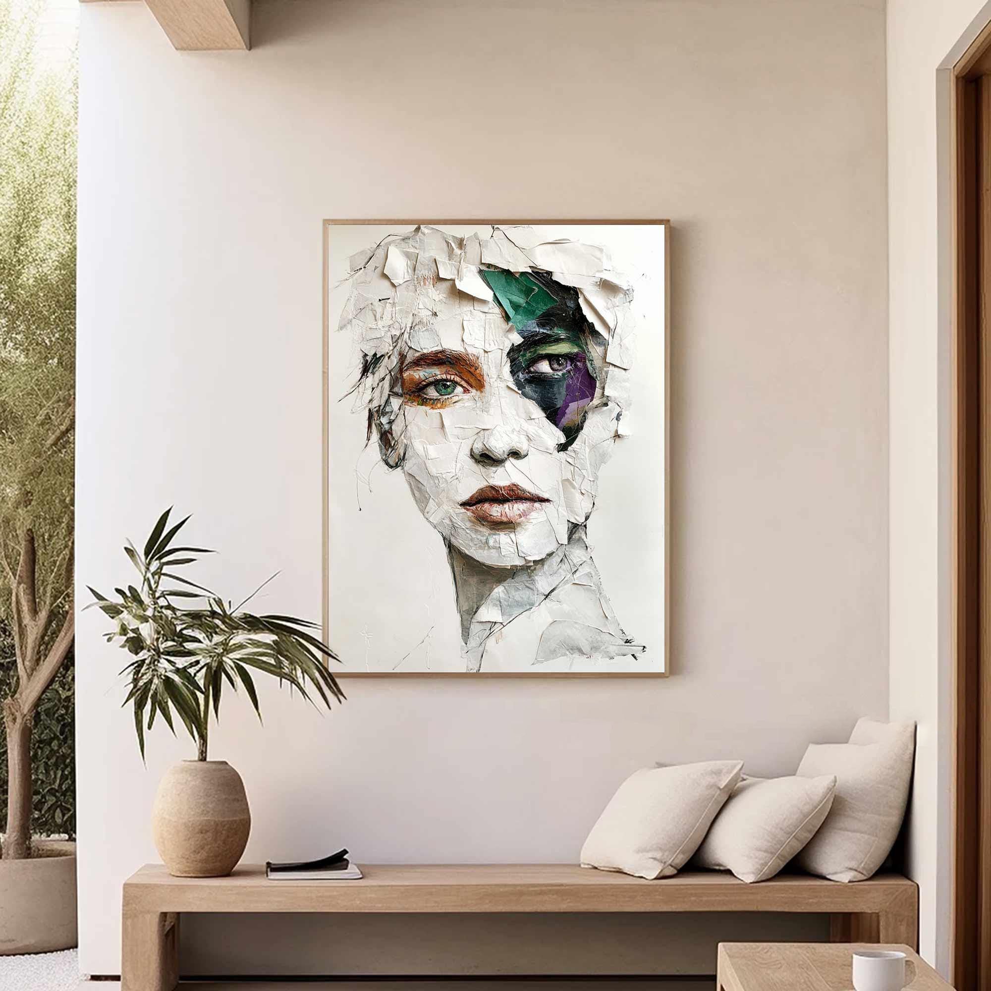 Modern Abstract Portrait Art, White Gray Green Purple #TB 062