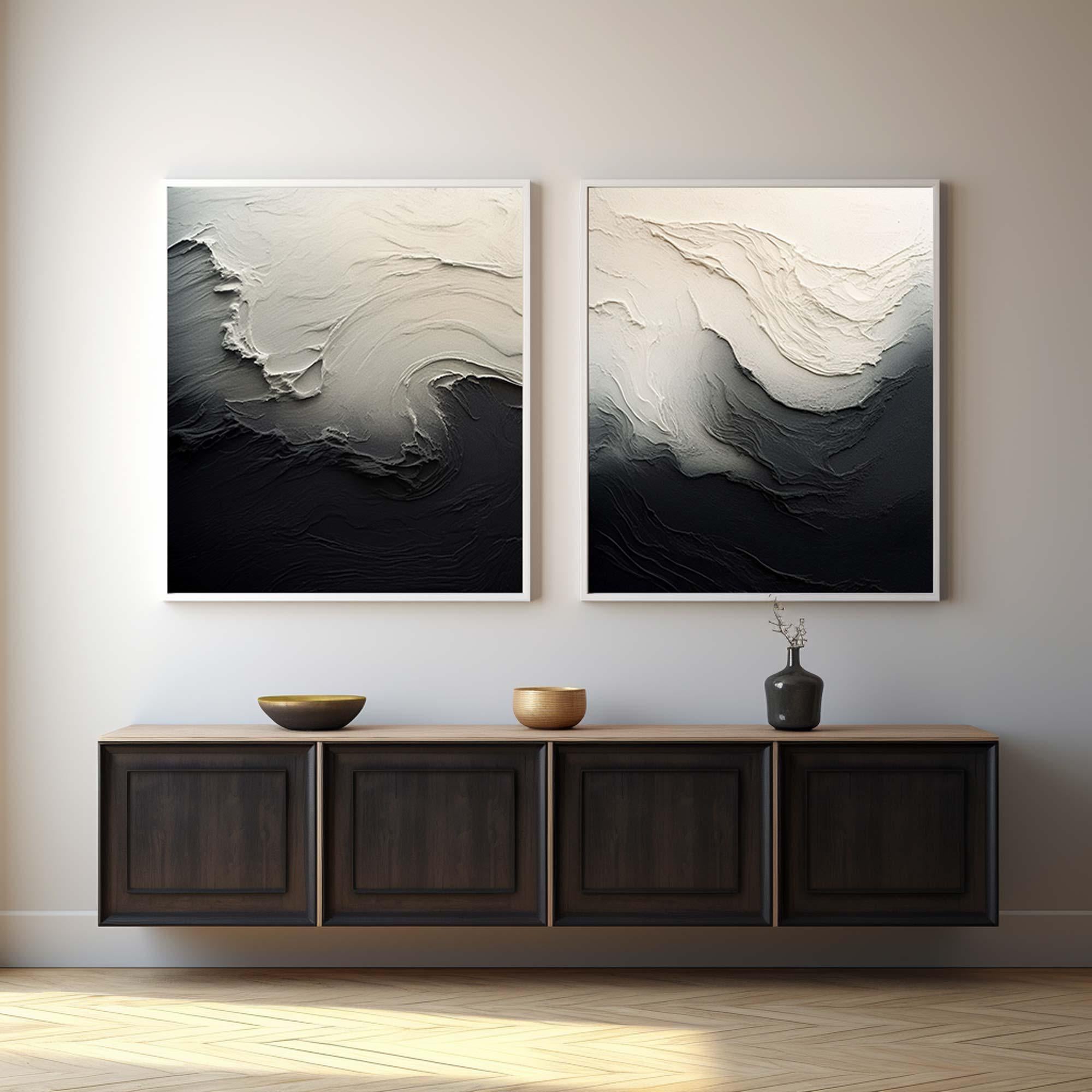 3D Textured Abstract Art, Black & White Modern Pair
