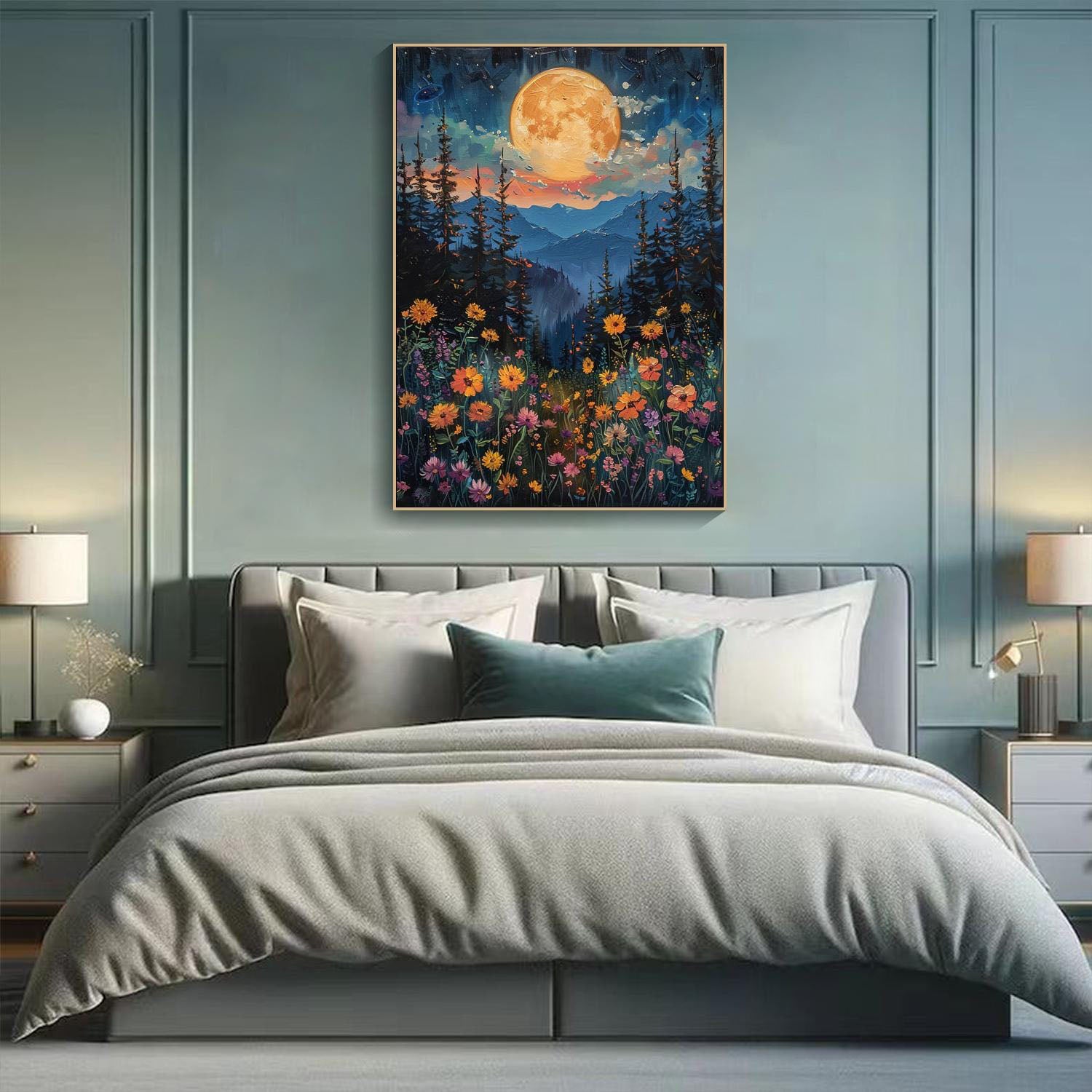 Moonlight Forest Abstract Oil Painting, Modern Dreamy Night #TB 073