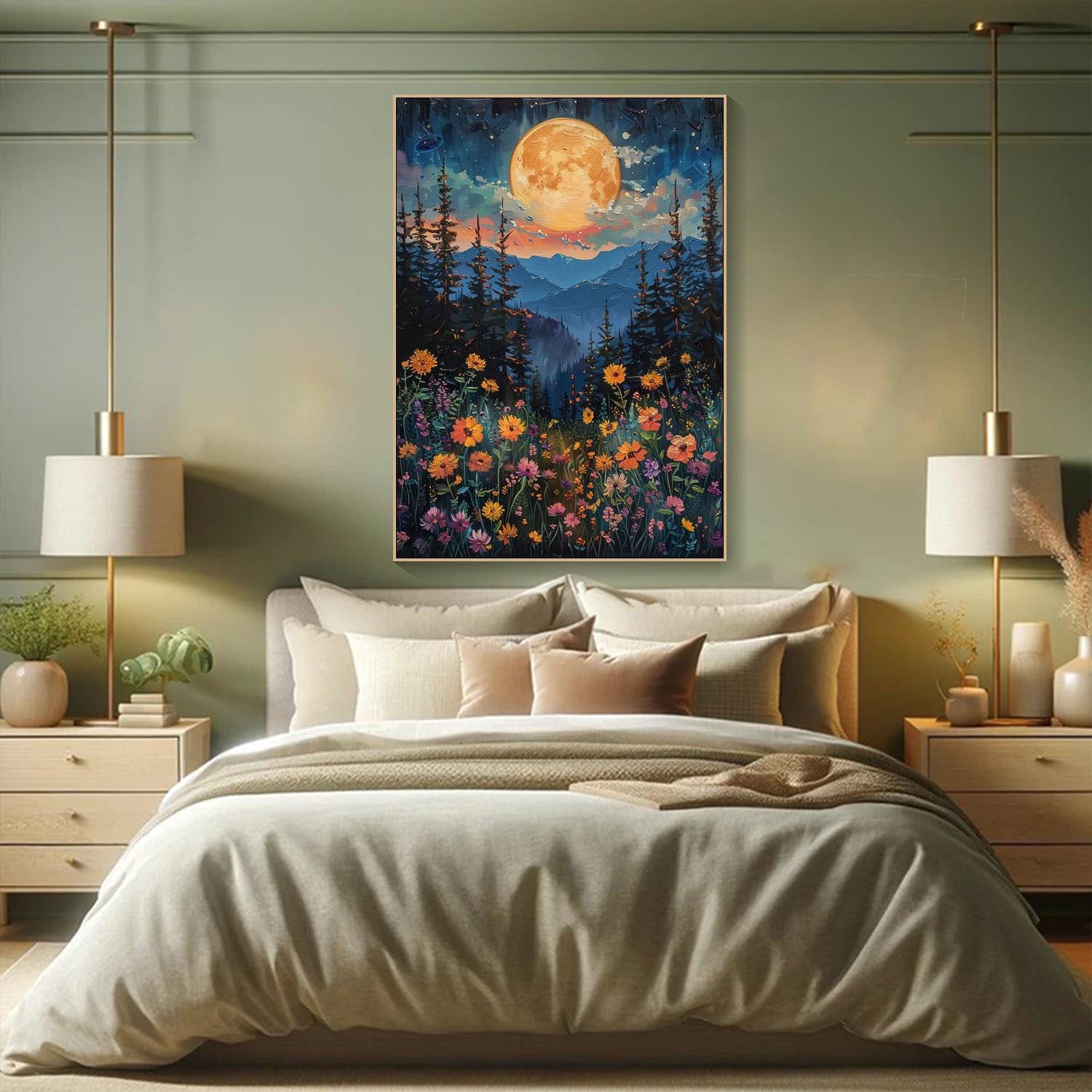 Moonlight Forest Abstract Oil Painting, Modern Dreamy Night #TB 073