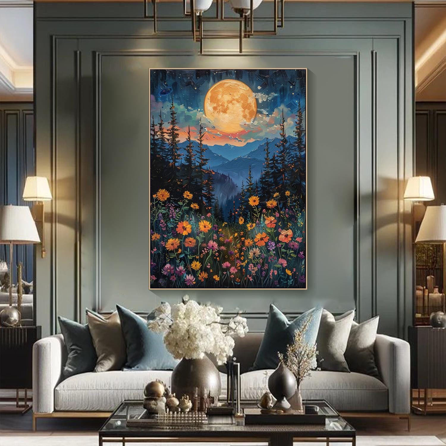 Moonlight Forest Abstract Oil Painting, Modern Dreamy Night #TB 073