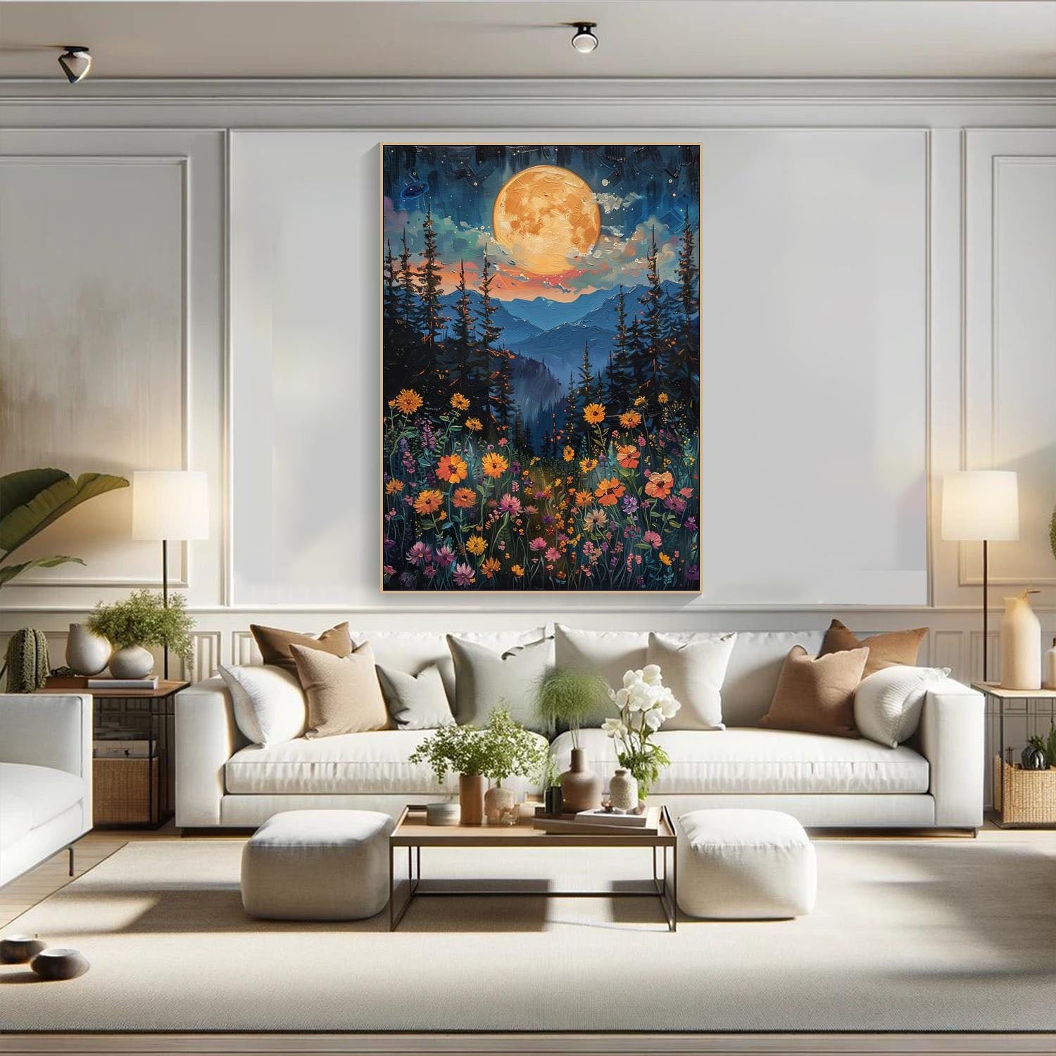 Modern Moonlit Forest Art, Orange Moon Flower Sea Decor