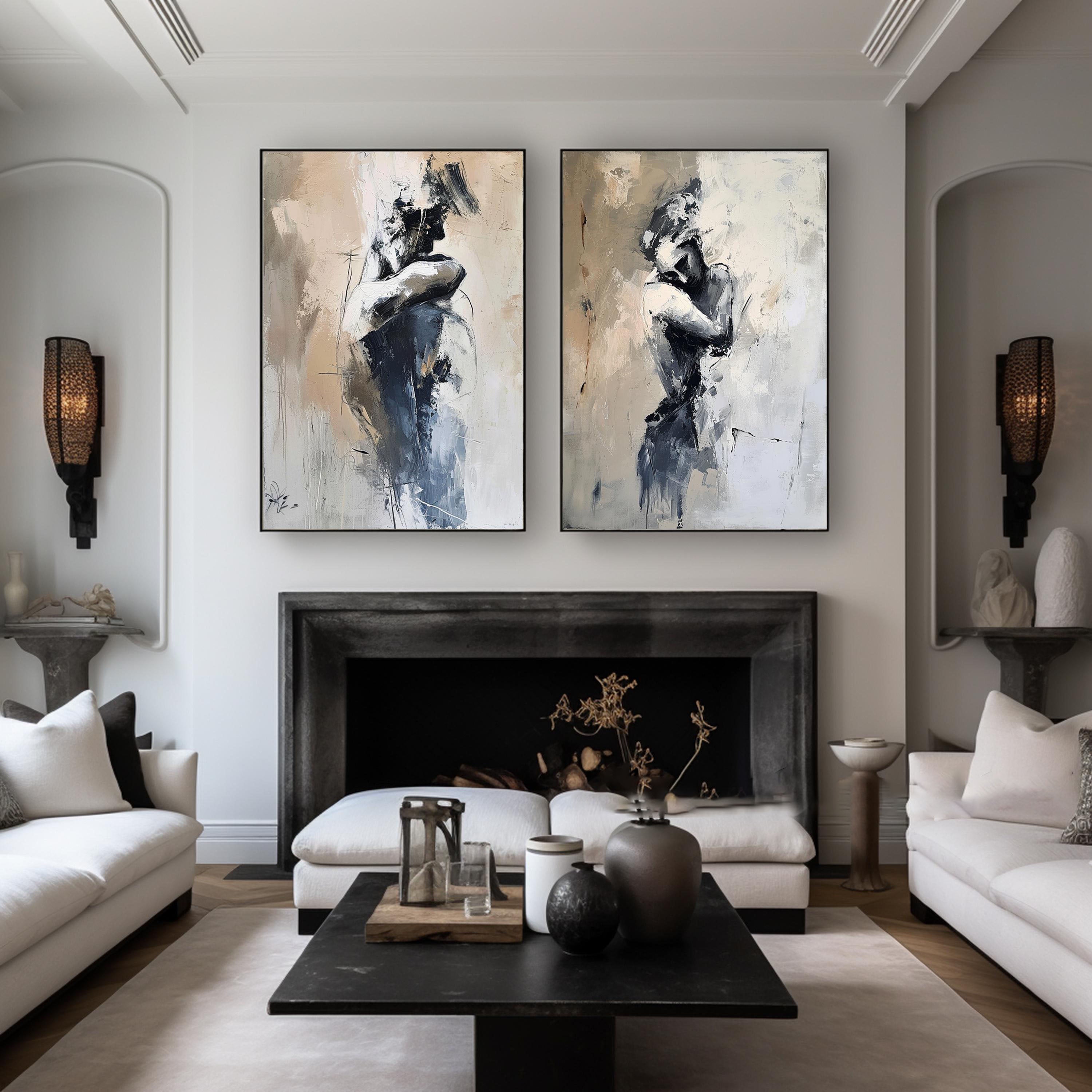 Modern Expressive Figure Art, Beige Gray Abstract Diptych #TB 086