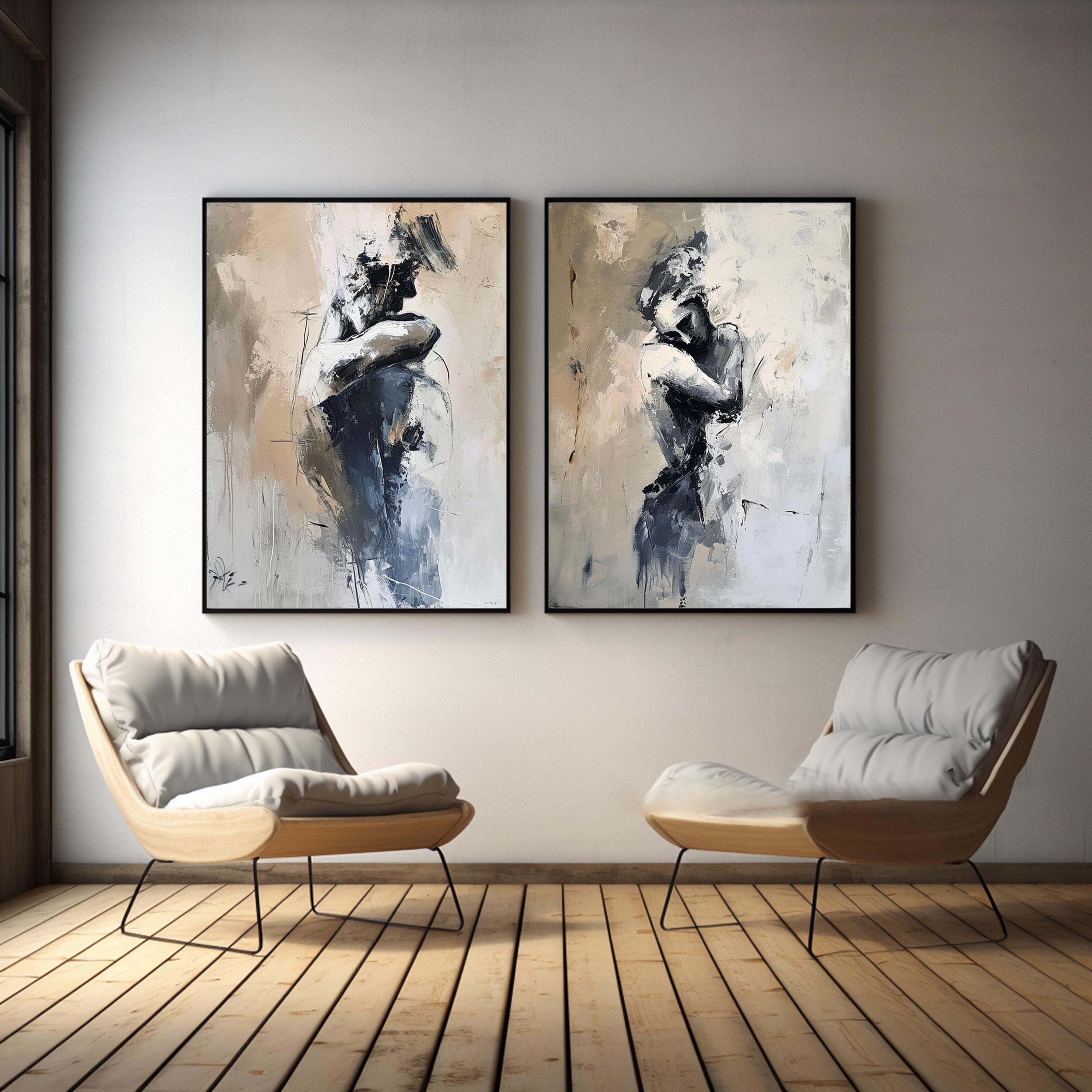 Modern Expressive Figure Art, Beige Gray Abstract Diptych #TB 086