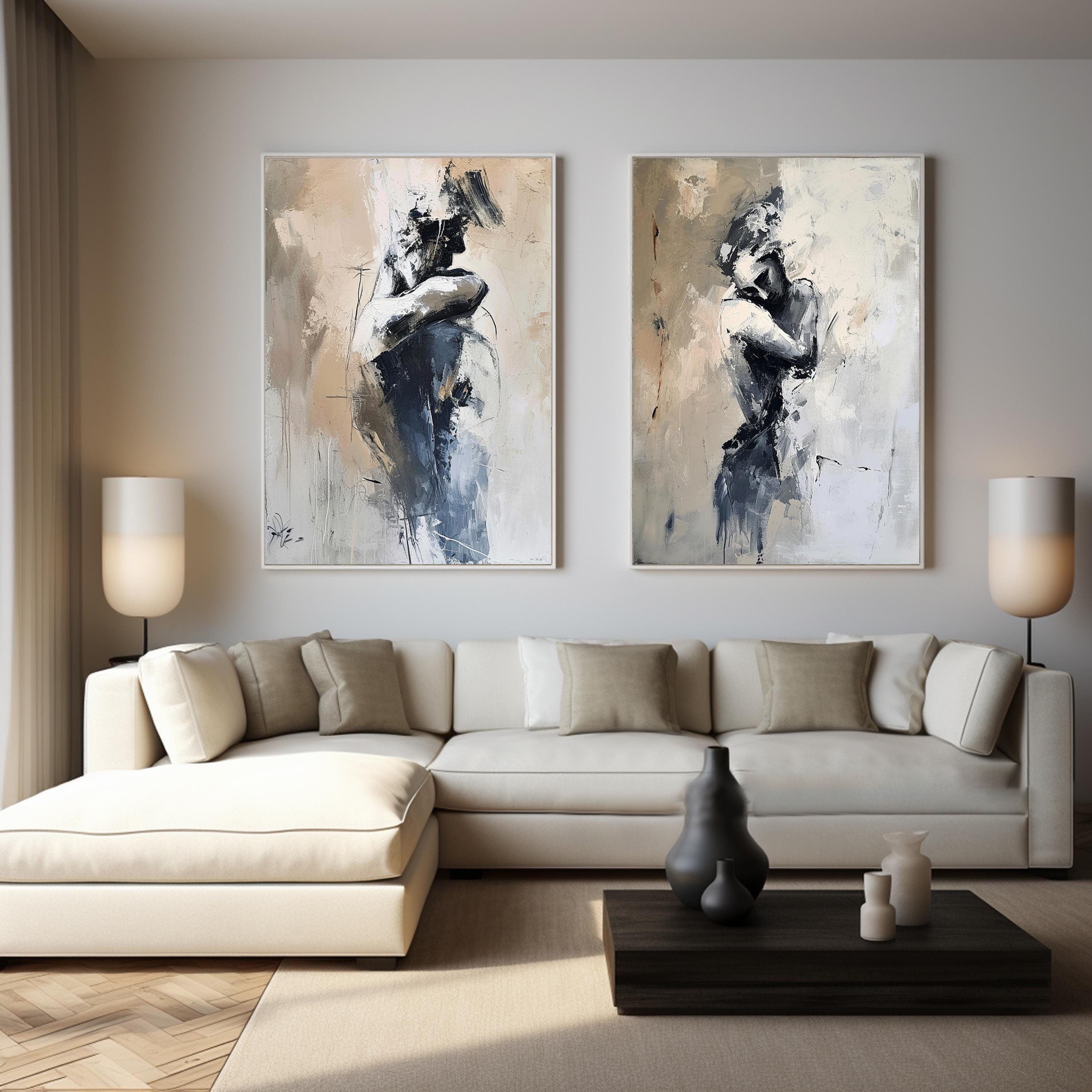 Modern Beige Gray Abstract Figure Art, Expressive Style