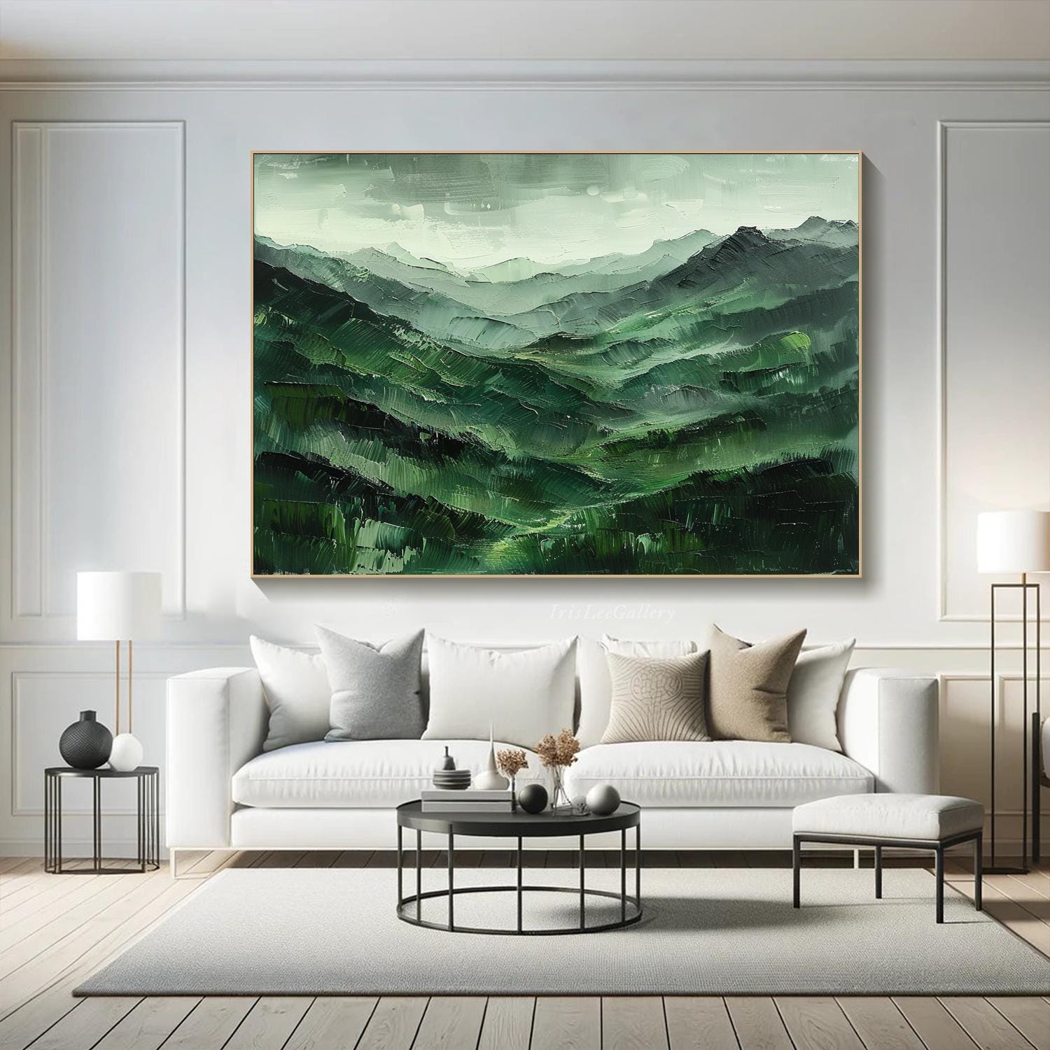 Hand-Painted Green Mountain Landscape | Tranquil Wall Art #TC 004