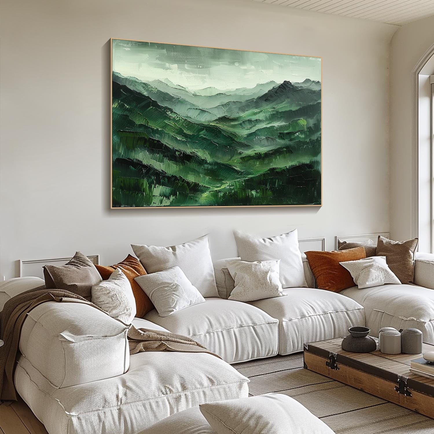 Hand-Painted Green Mountain Landscape | Tranquil Wall Art #TC 004