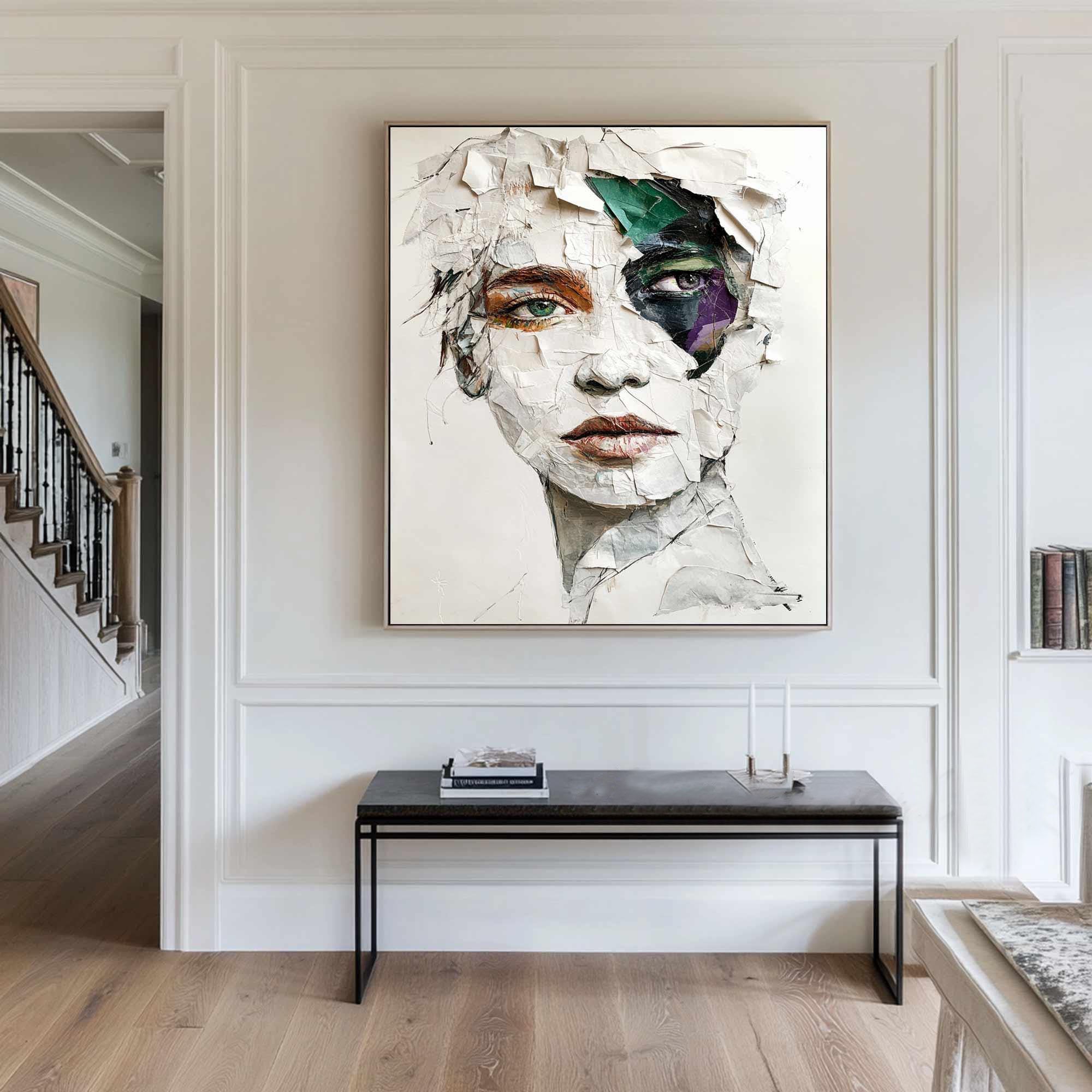 Modern Abstract Portrait Art, White Gray Green Purple #TB 062