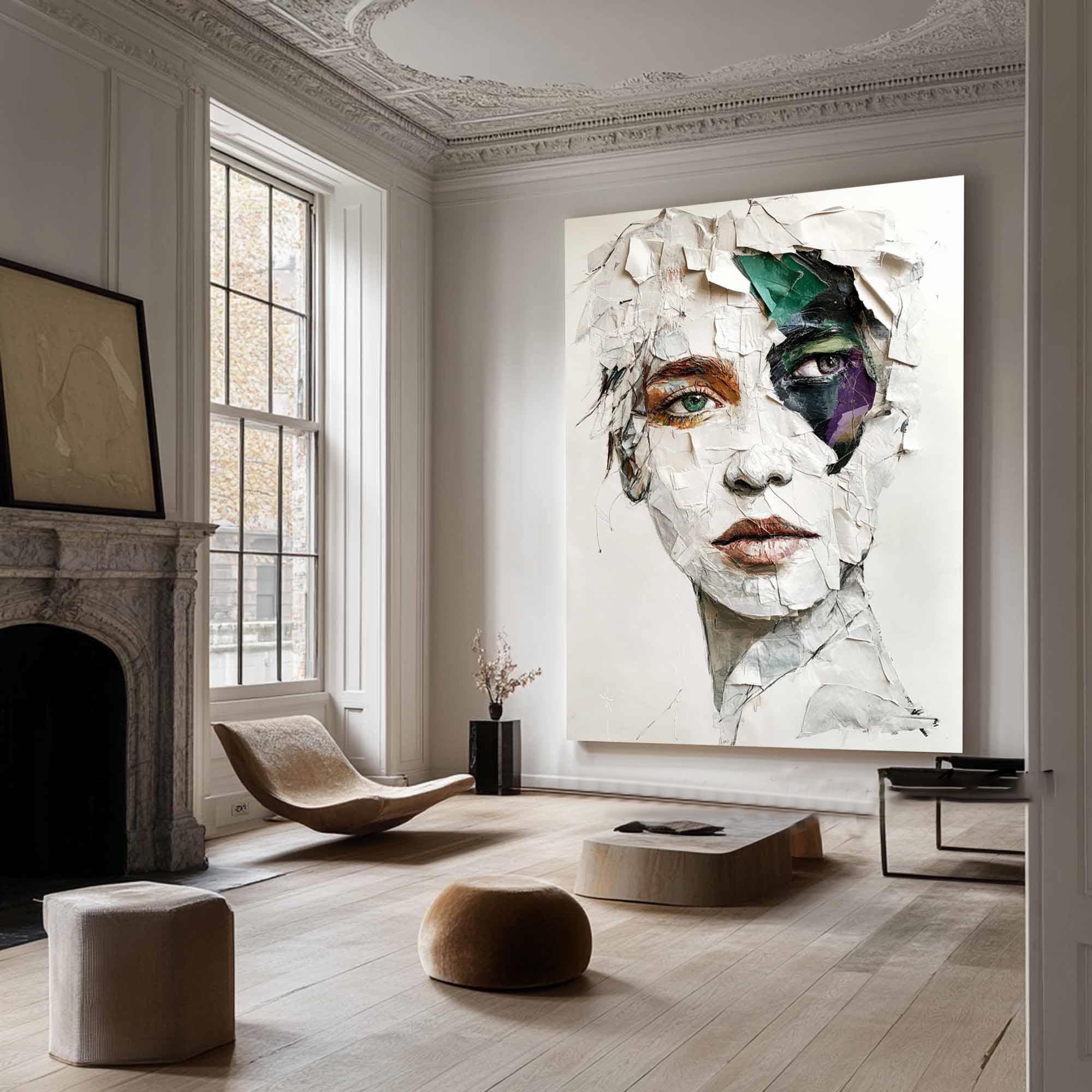 Modern Abstract Portrait Art, White Gray Green Purple #TB 062