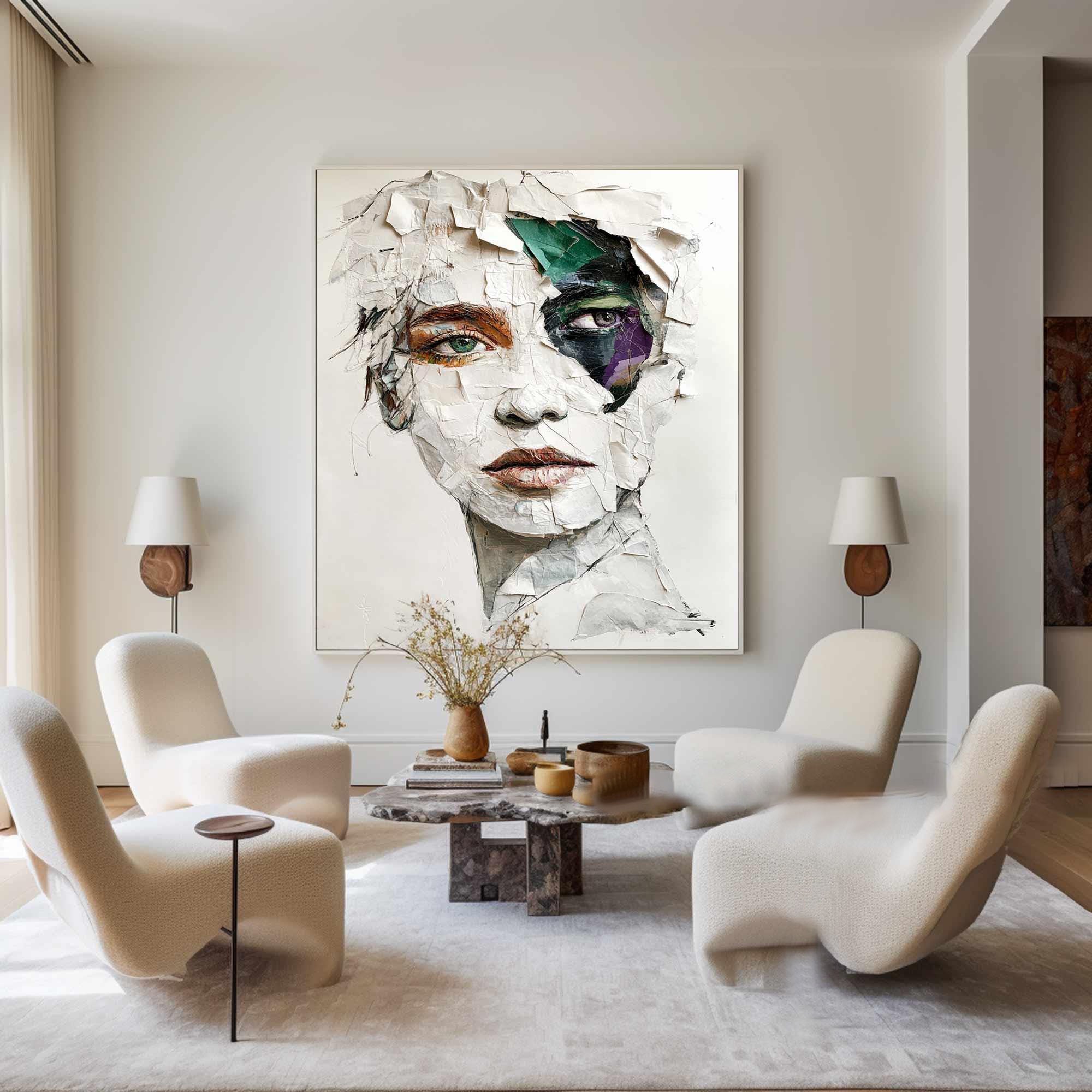 Modern Abstract Portrait Art, White Gray Green Purple #TB 062