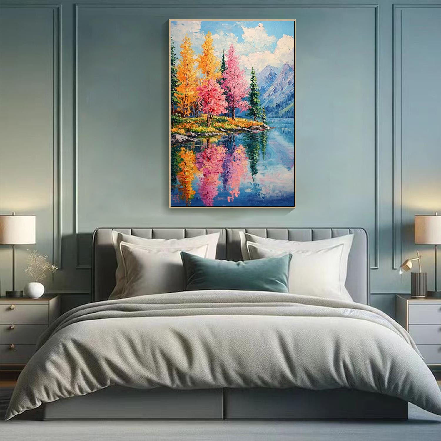 Autumn Lake Oil Painting - Colorful Forest Reflection Art #TC 008