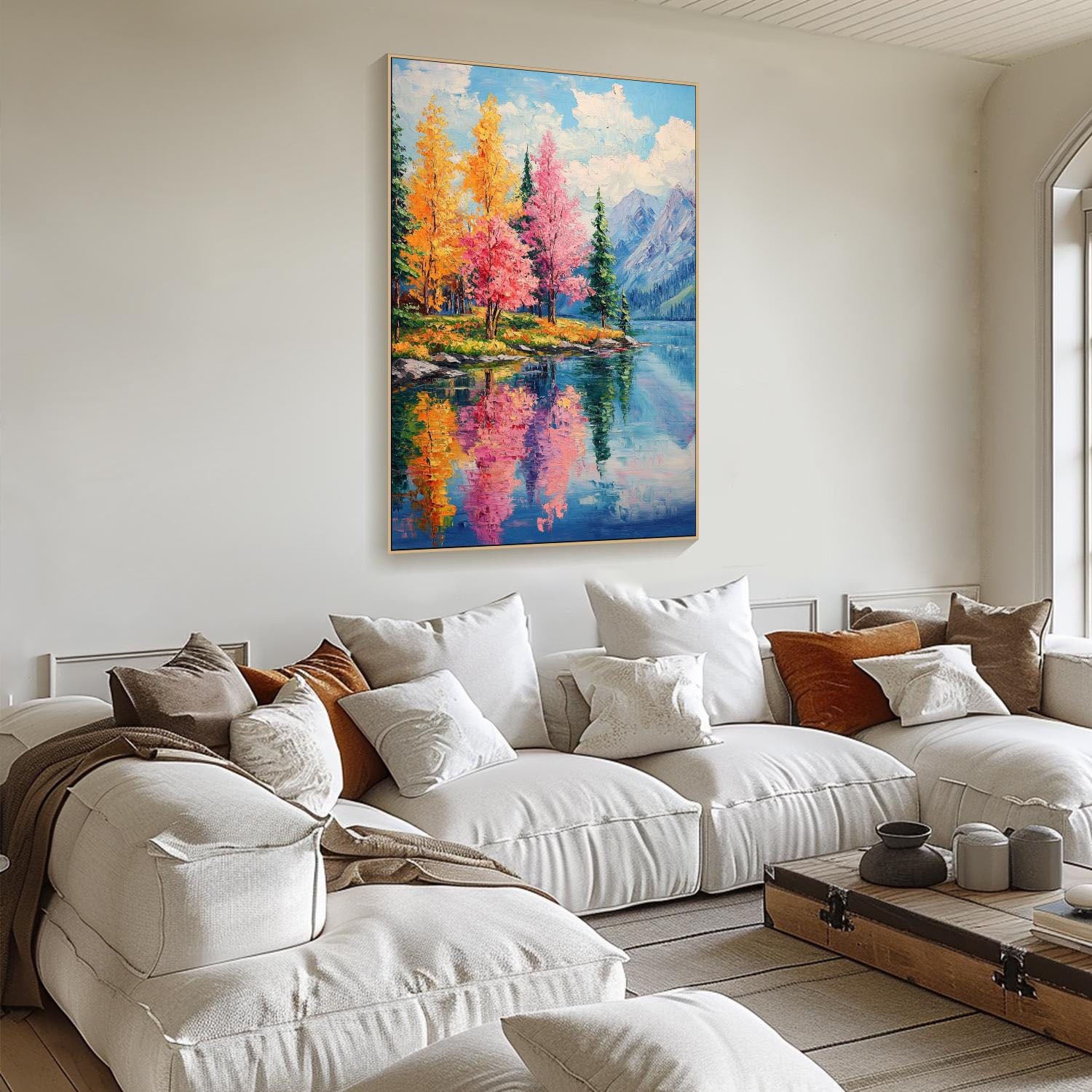 Autumn Lake Oil Painting - Colorful Forest Reflection Art #TC 008