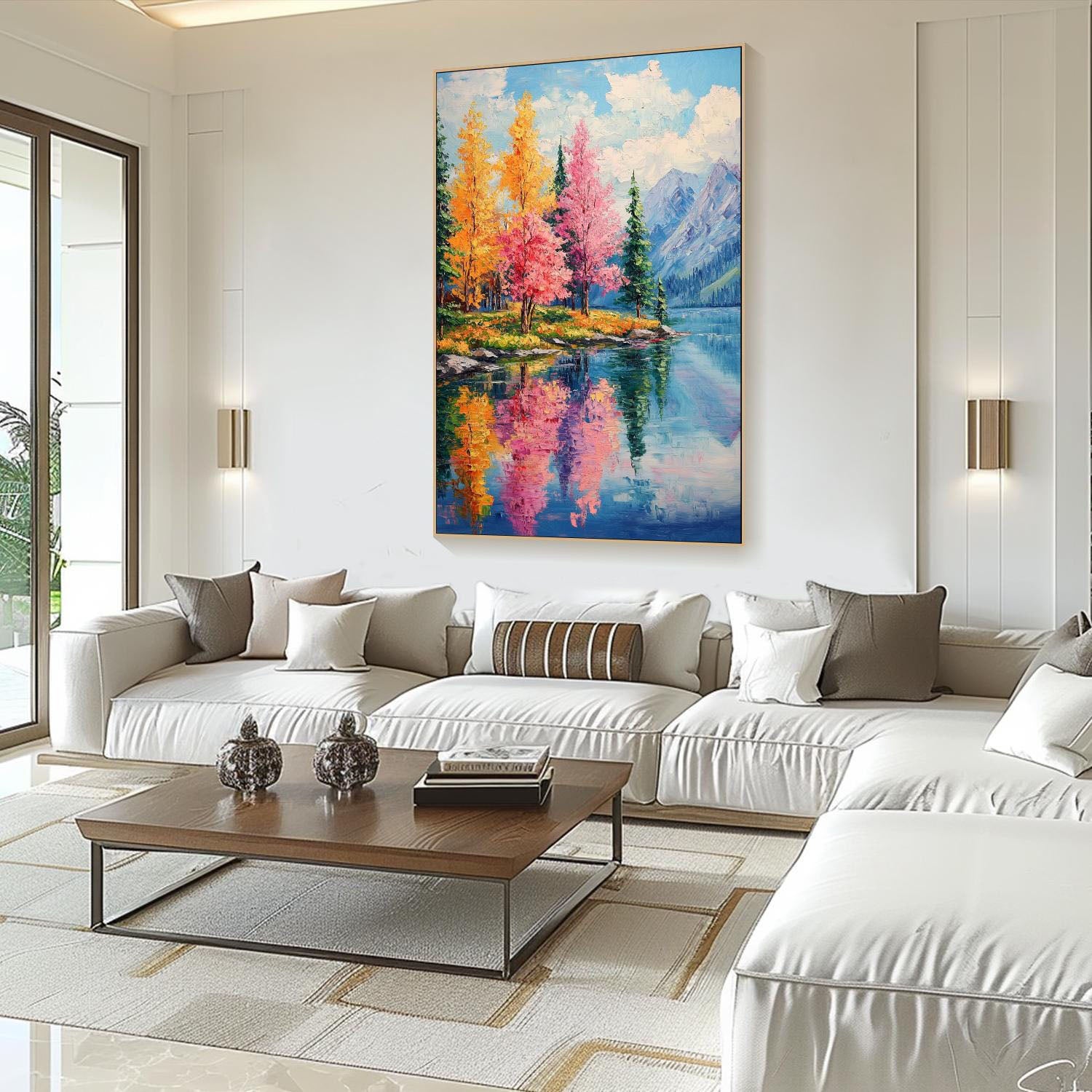 Autumn Lake Oil Painting - Colorful Forest Reflection Art #TC 008