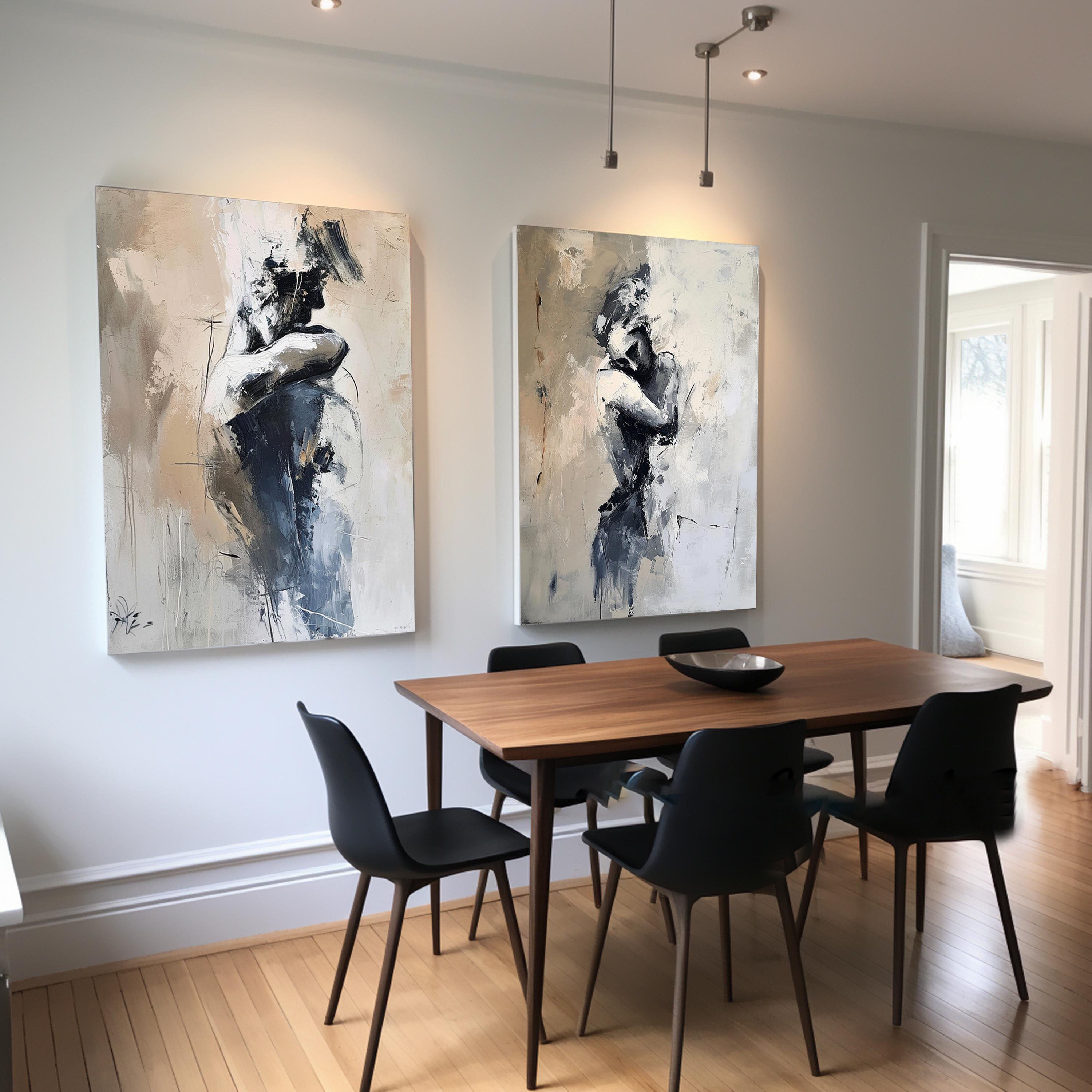 Modern Expressive Figure Art, Beige Gray Abstract Diptych #TB 086