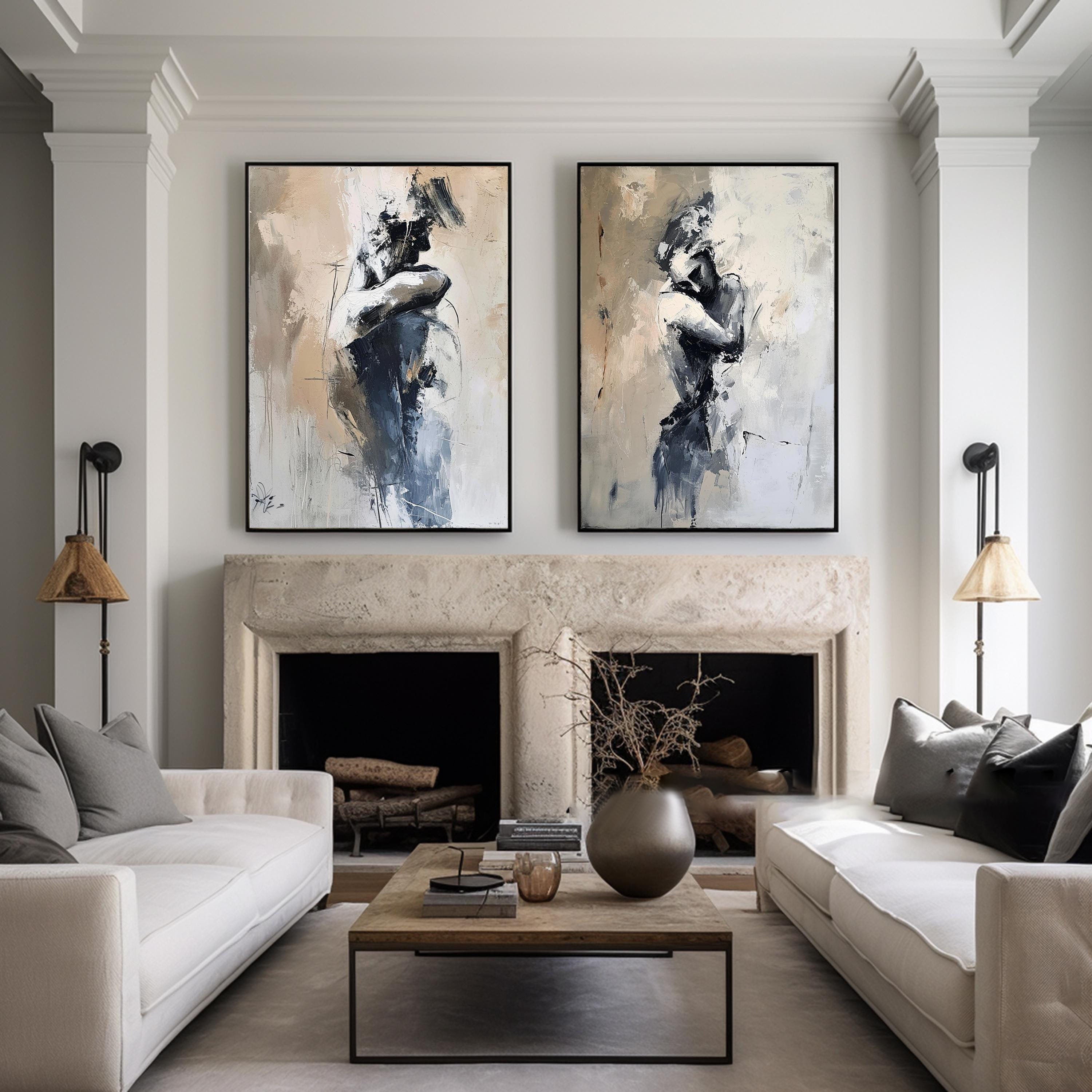 Modern Expressive Figure Art, Beige Gray Abstract Diptych #TB 086