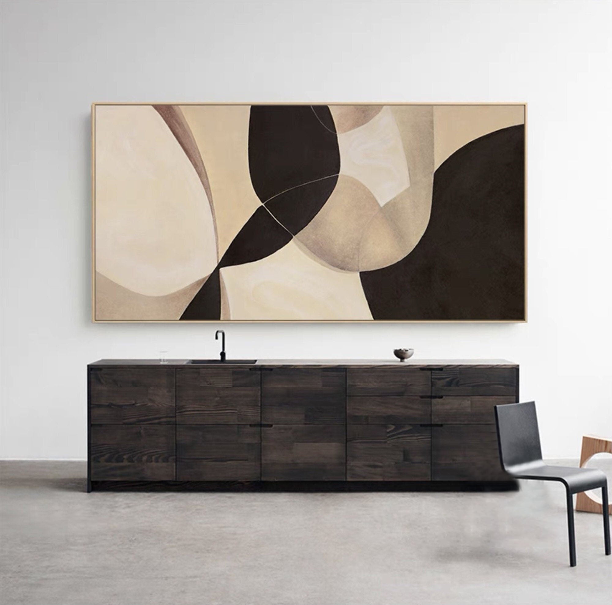 Modern Abstract Geometric Art - Beige and Black Painting #TB 006