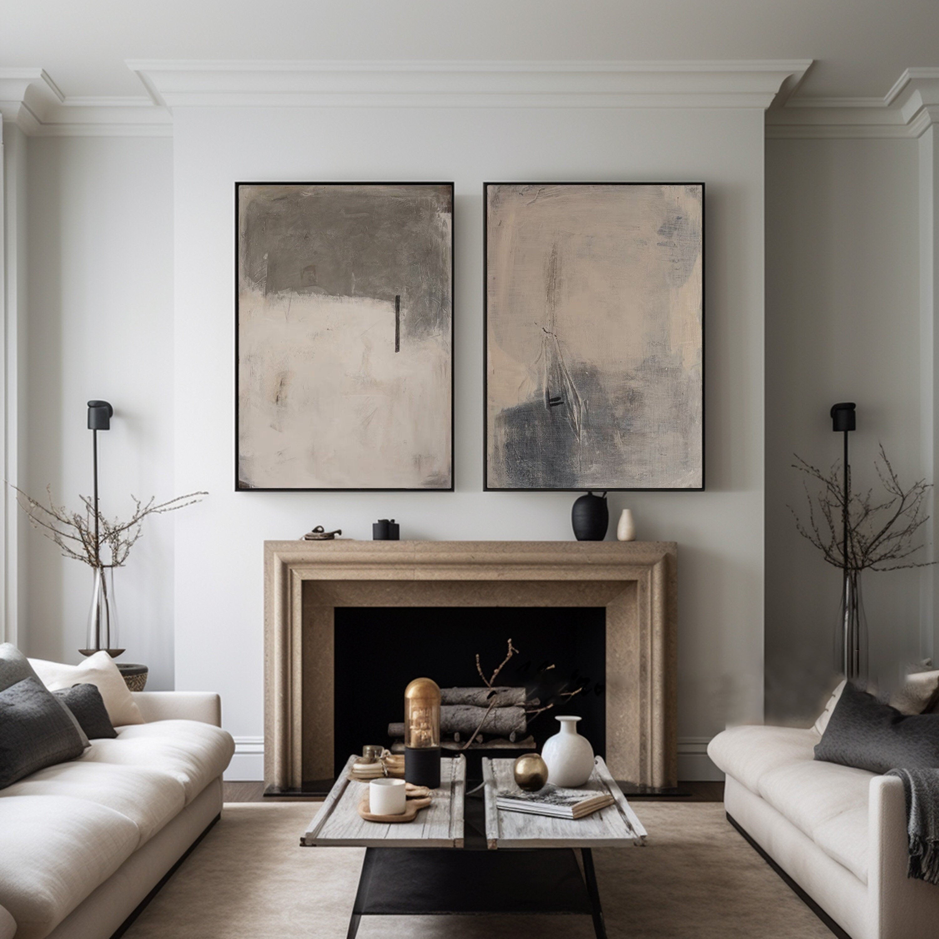 Beige Gray Abstract Texture Art, Modern Minimalist Diptych