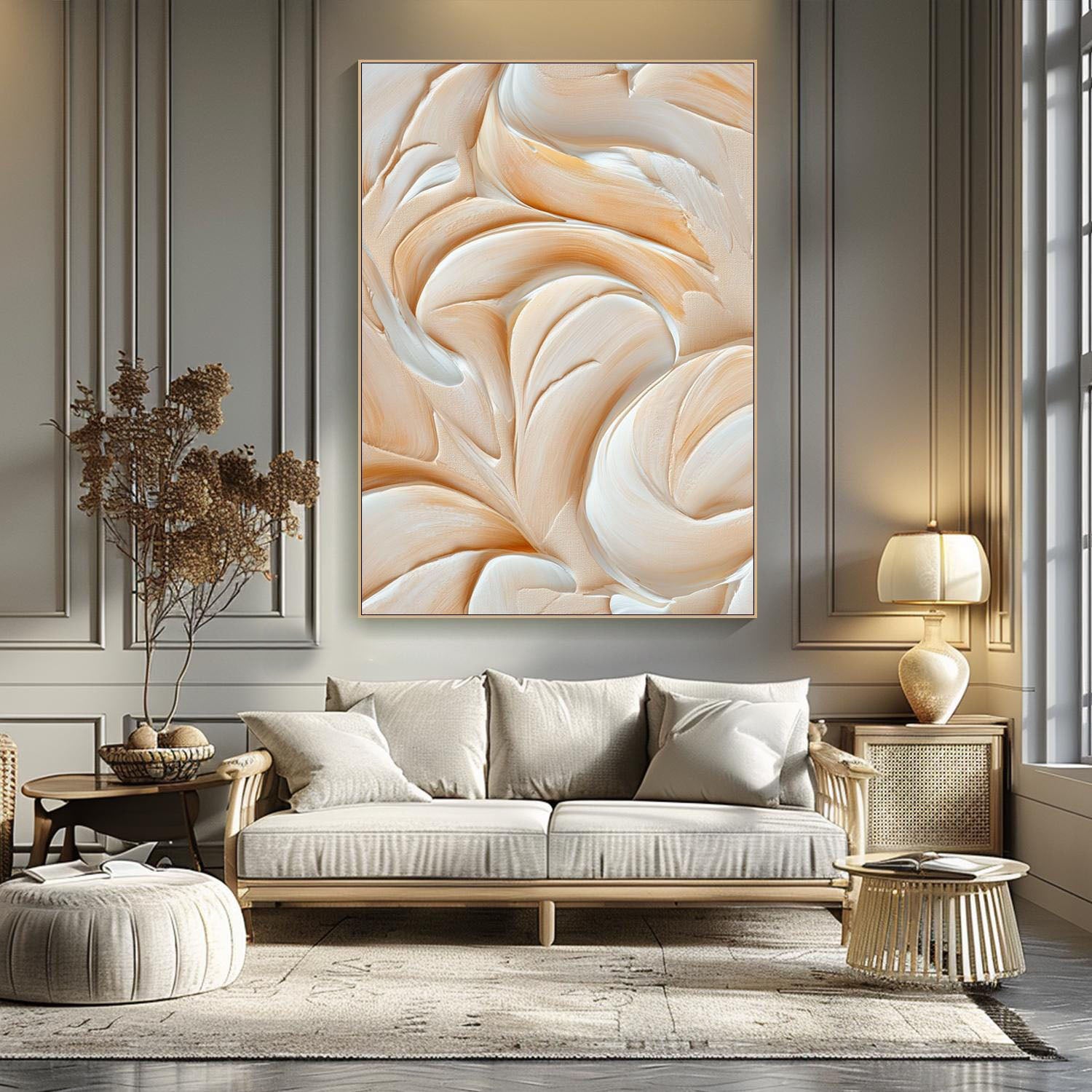 Abstract Cream & White Textured Oil Painting for Living Room #TC 002