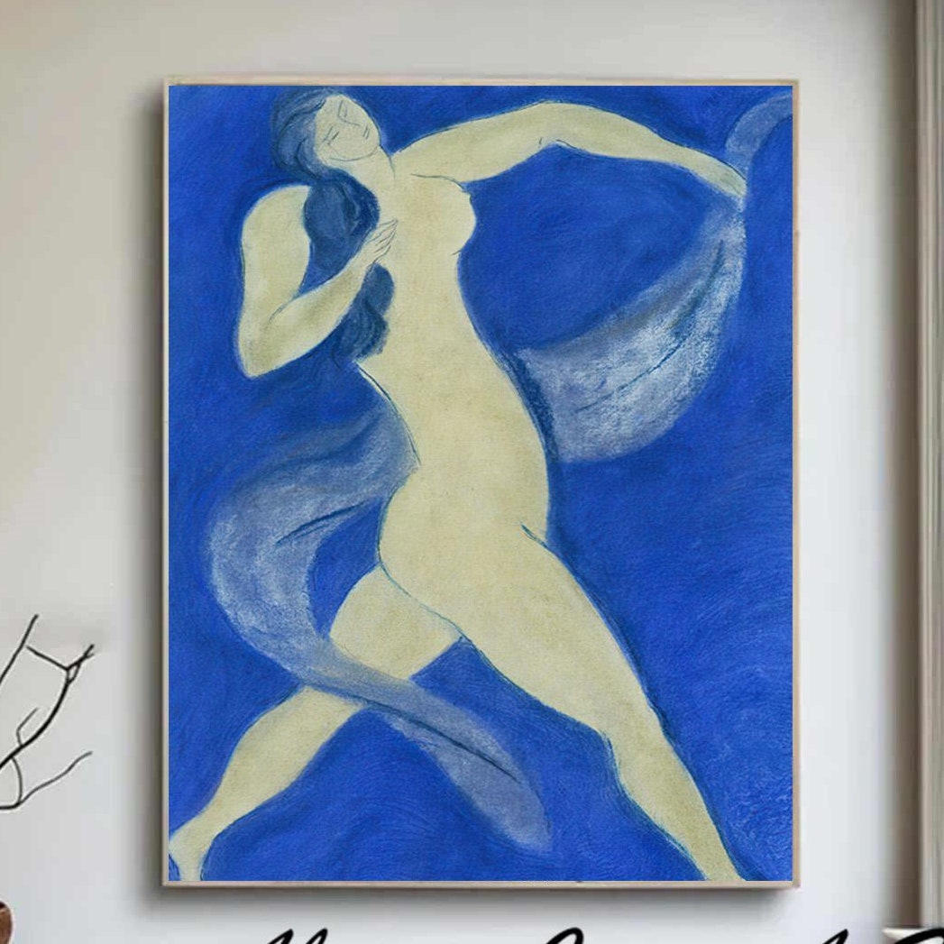Modern Abstract Dancer Painting, Vivid Blue Minimalist