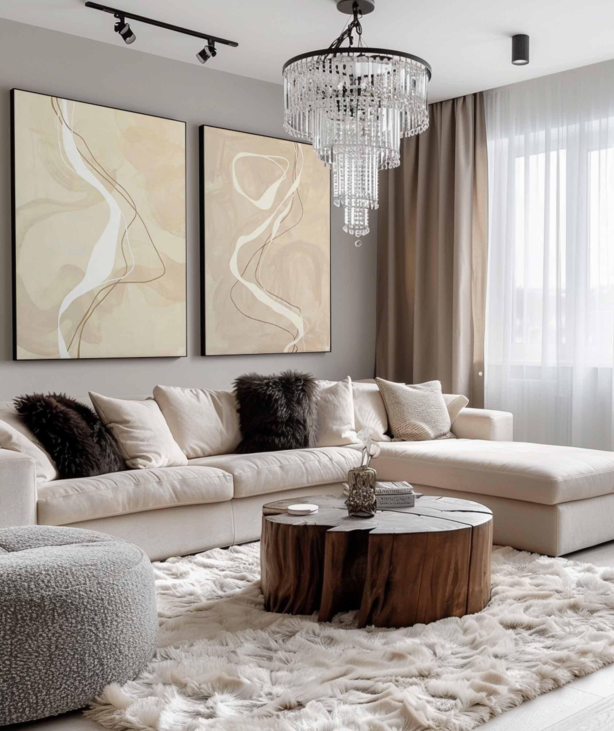 Modern Minimalist Abstract Line Art, Beige Elegant Diptych #TB 056