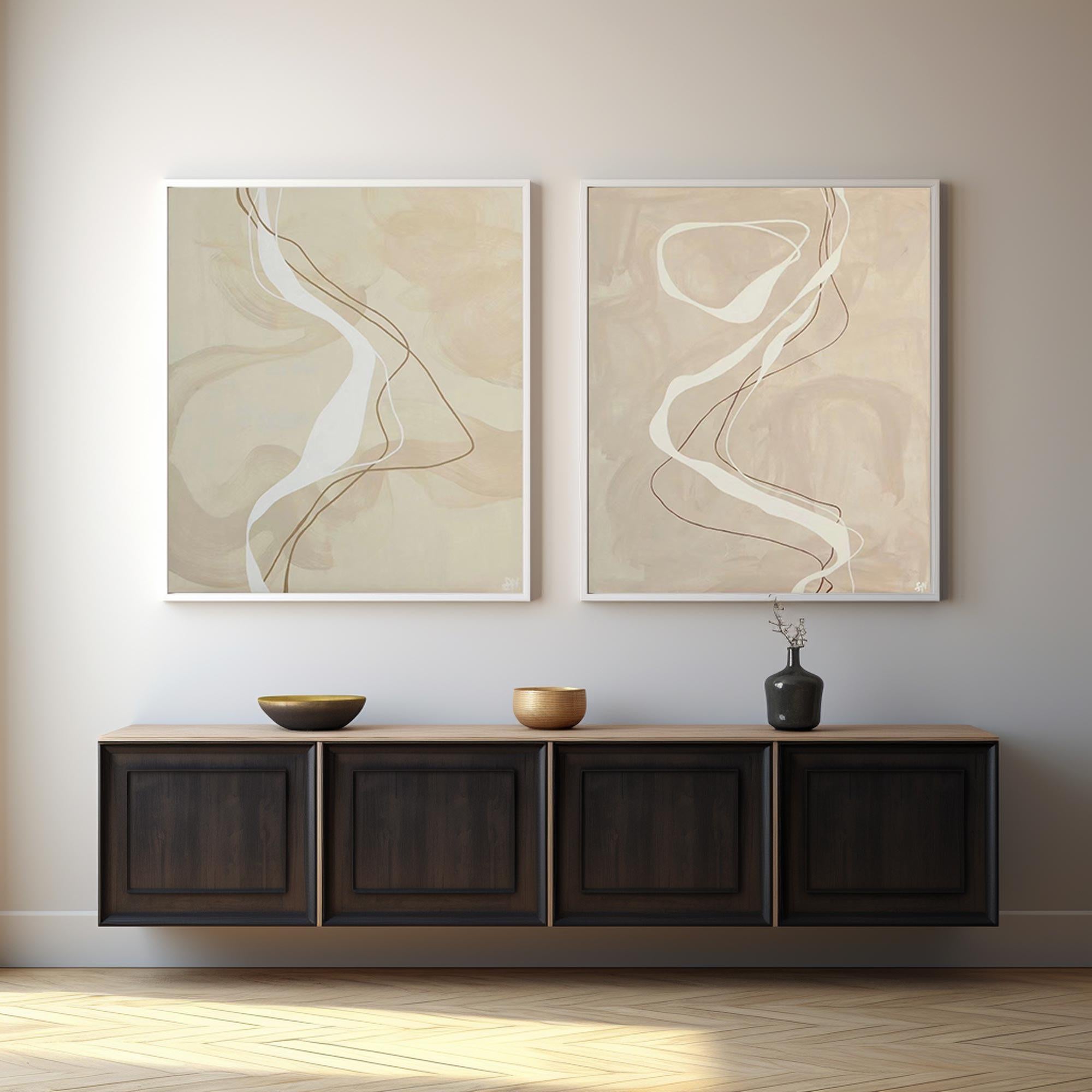 Unique Beige Abstract Line Art Diptych for Walls