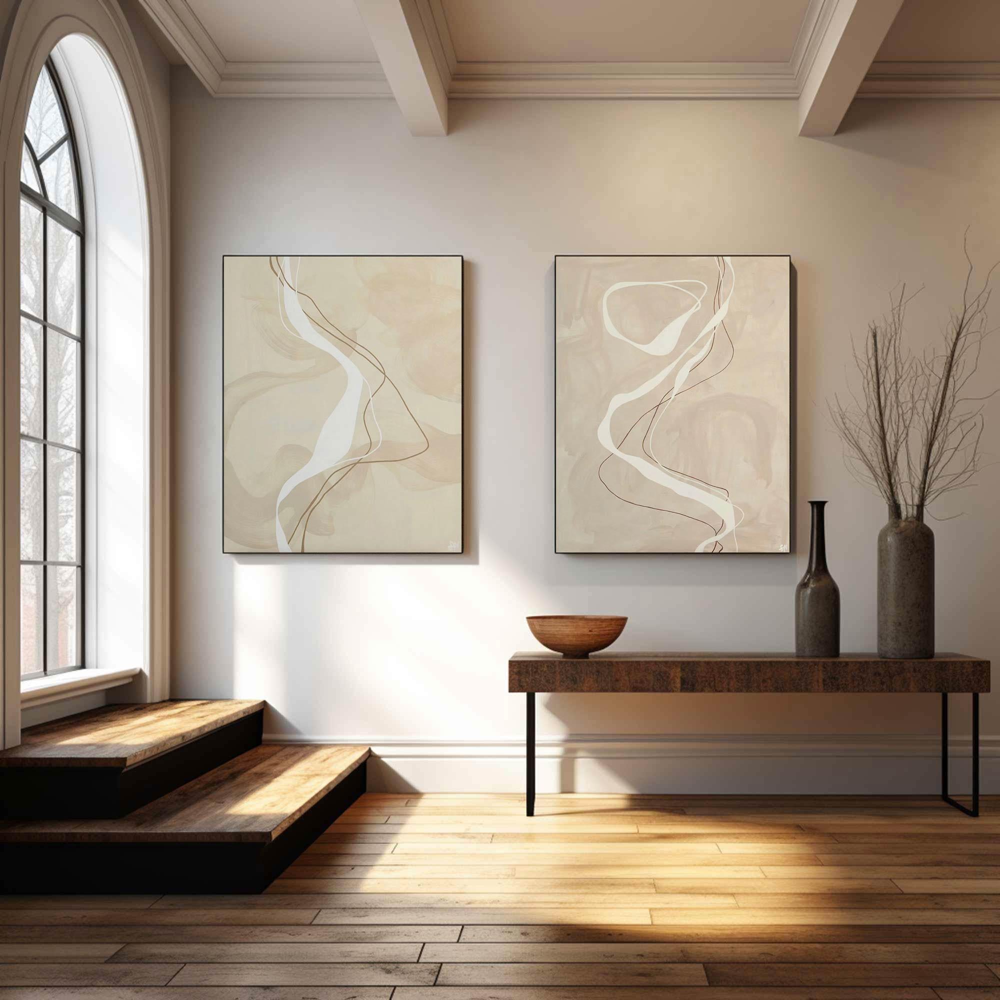 Modern Minimalist Abstract Line Art, Beige Elegant Diptych #TB 056