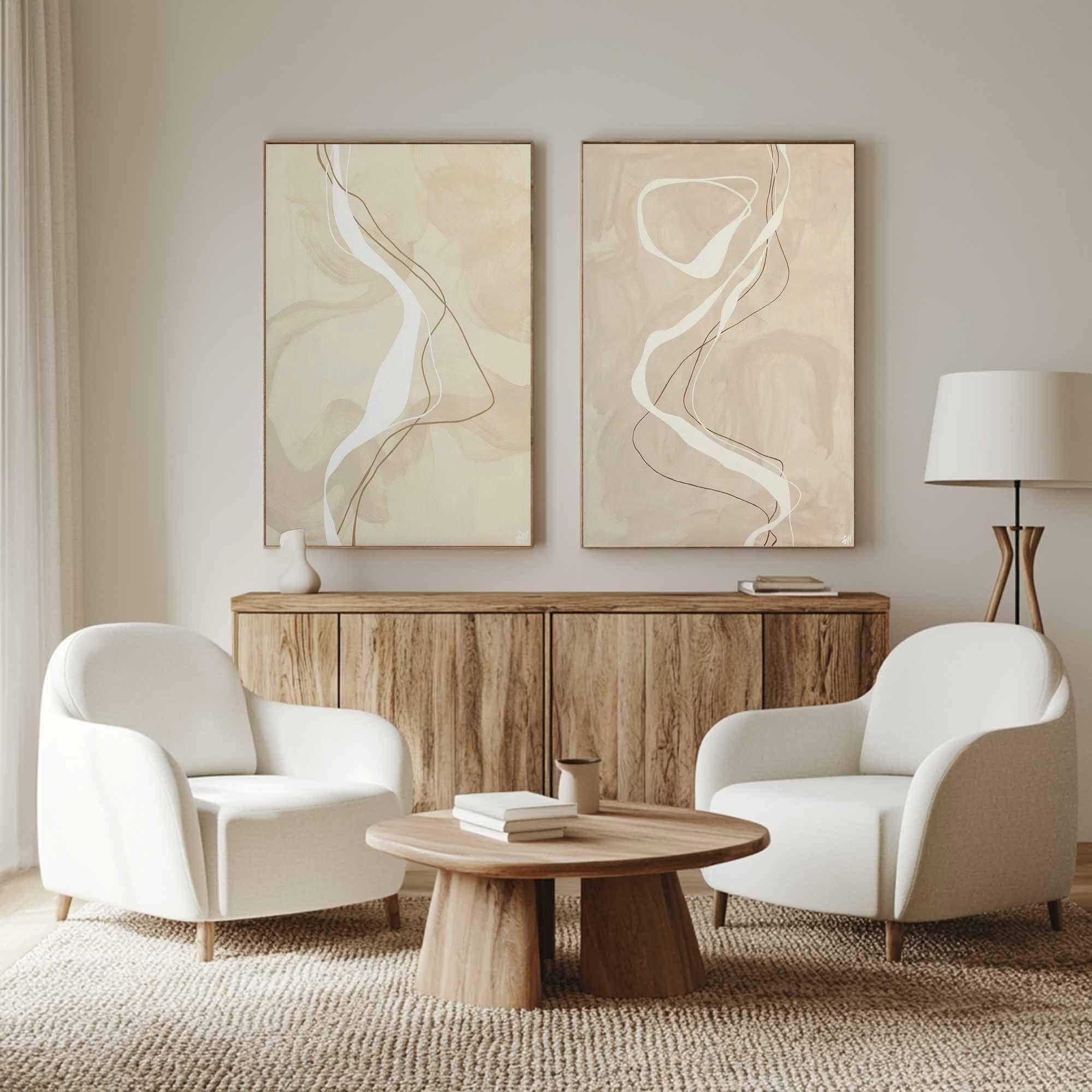 Modern Minimalist Abstract Line Art, Beige Elegant Diptych #TB 056