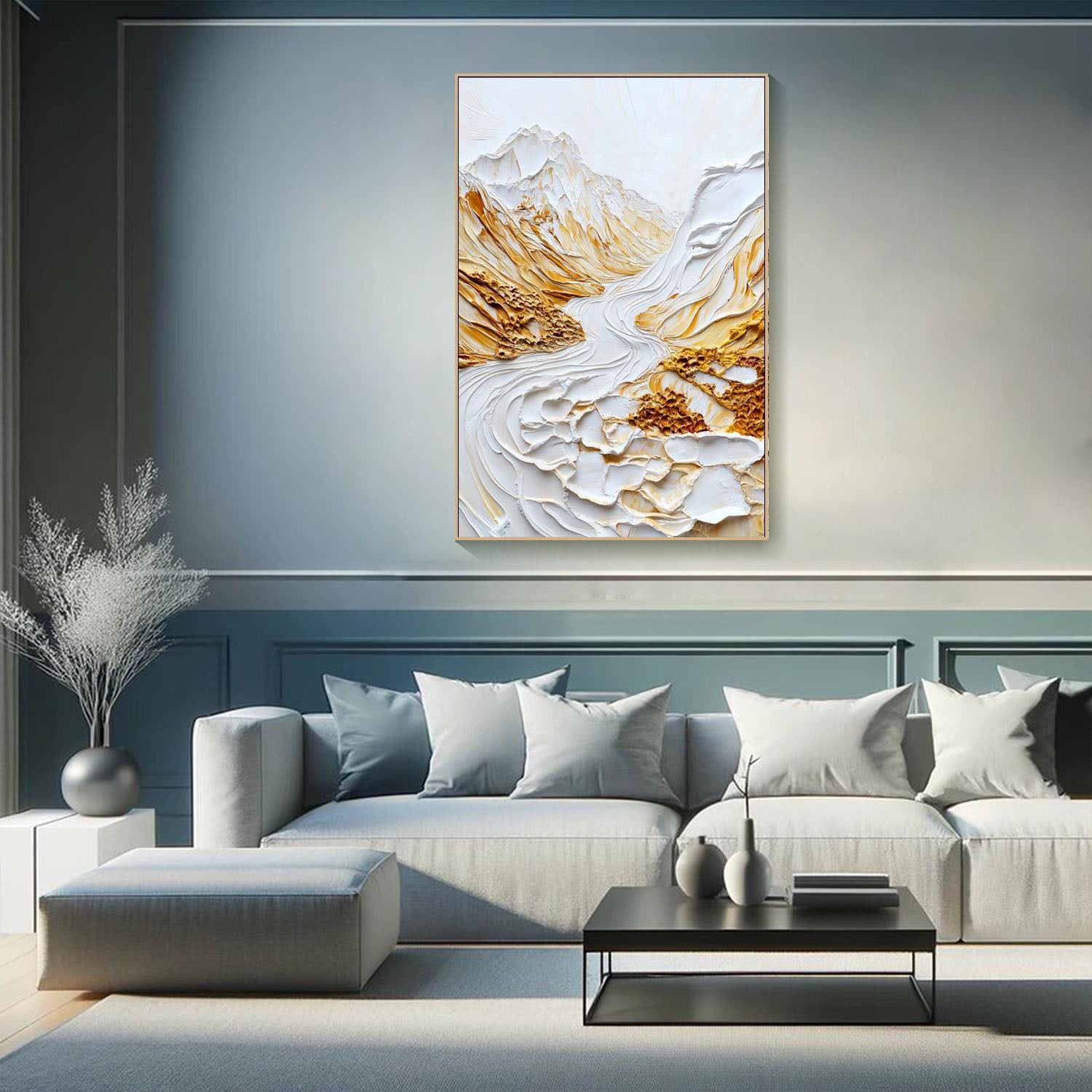 Modern 3D Embossed Landscape Art, White Gold Grand #TB 064