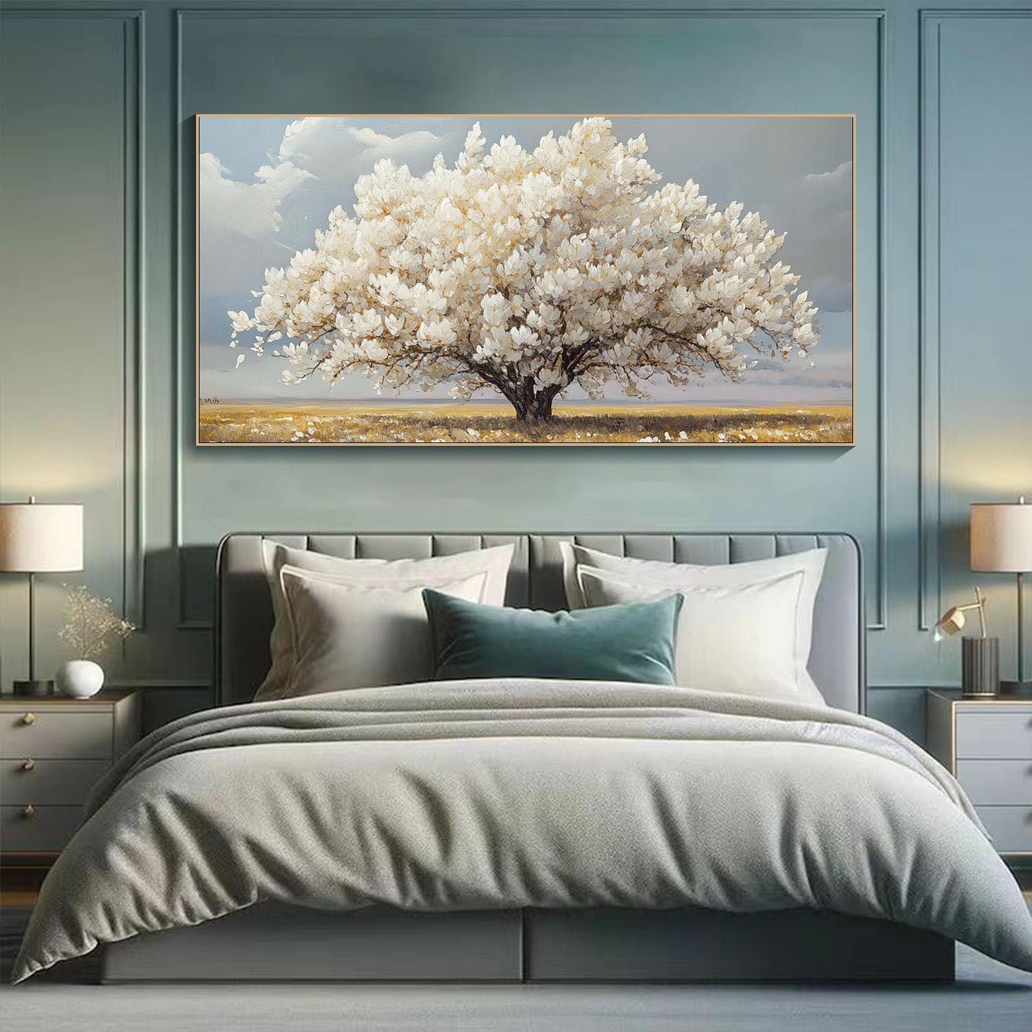 White Blossom Tree Art, Modern Serene Elegant