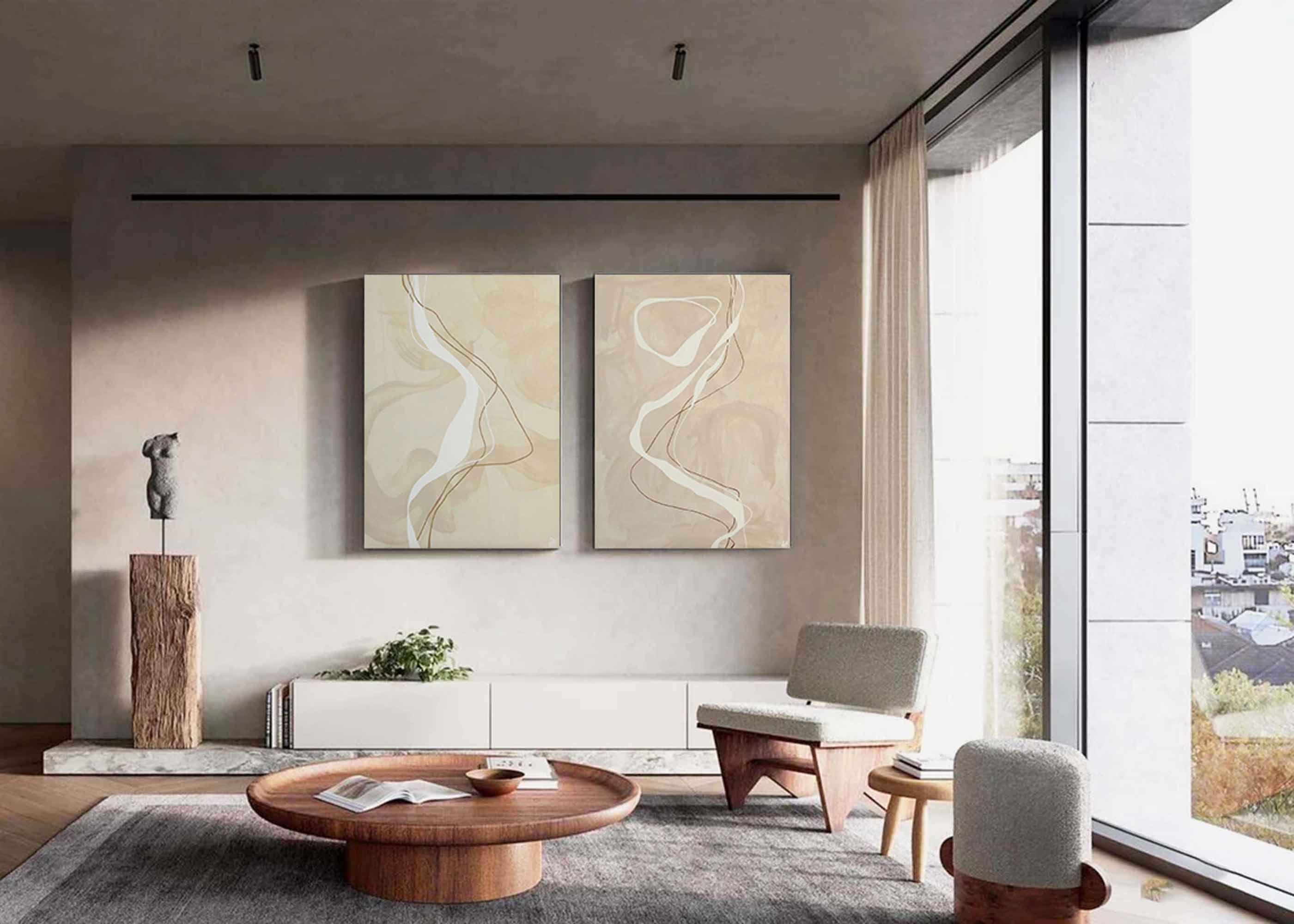 Modern Minimalist Abstract Line Art, Beige Elegant Diptych #TB 056