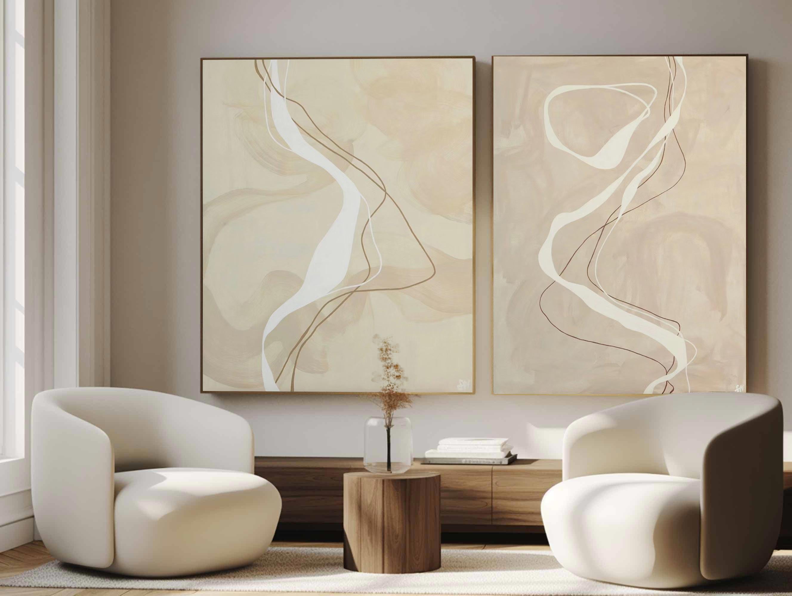 Modern Minimalist Abstract Line Art, Beige Elegant Diptych #TB 056