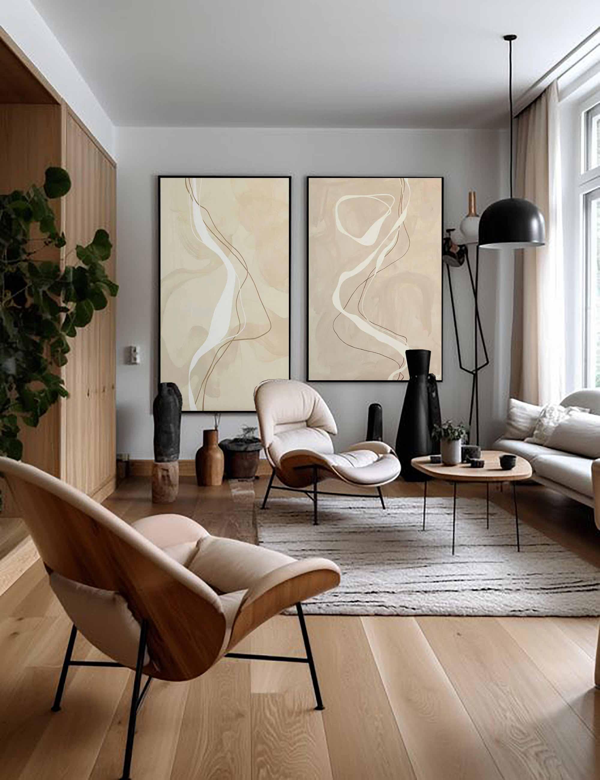 Modern Minimalist Abstract Line Art, Beige Elegant Diptych #TB 056
