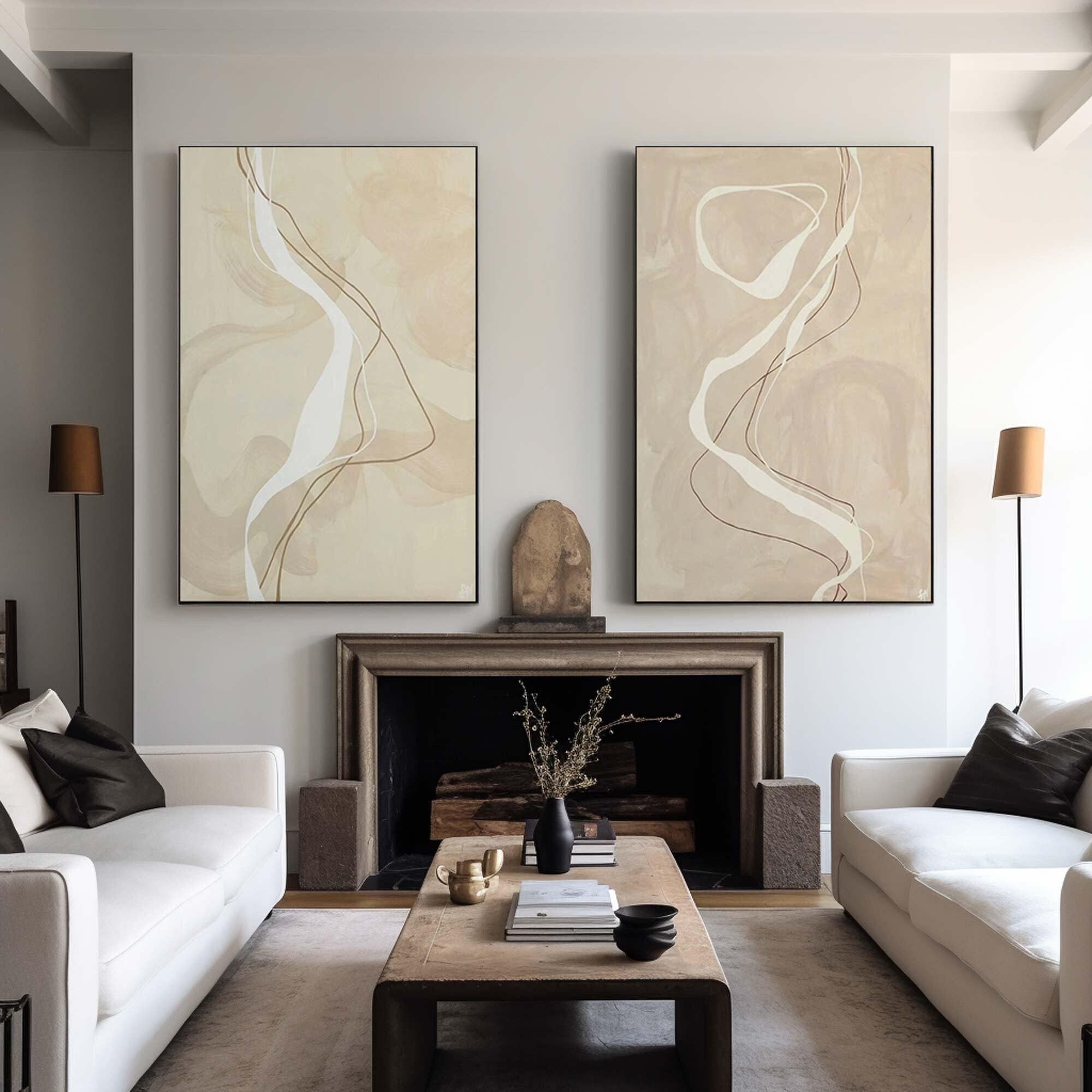 Modern Minimalist Abstract Line Art, Beige Elegant Diptych #TB 056