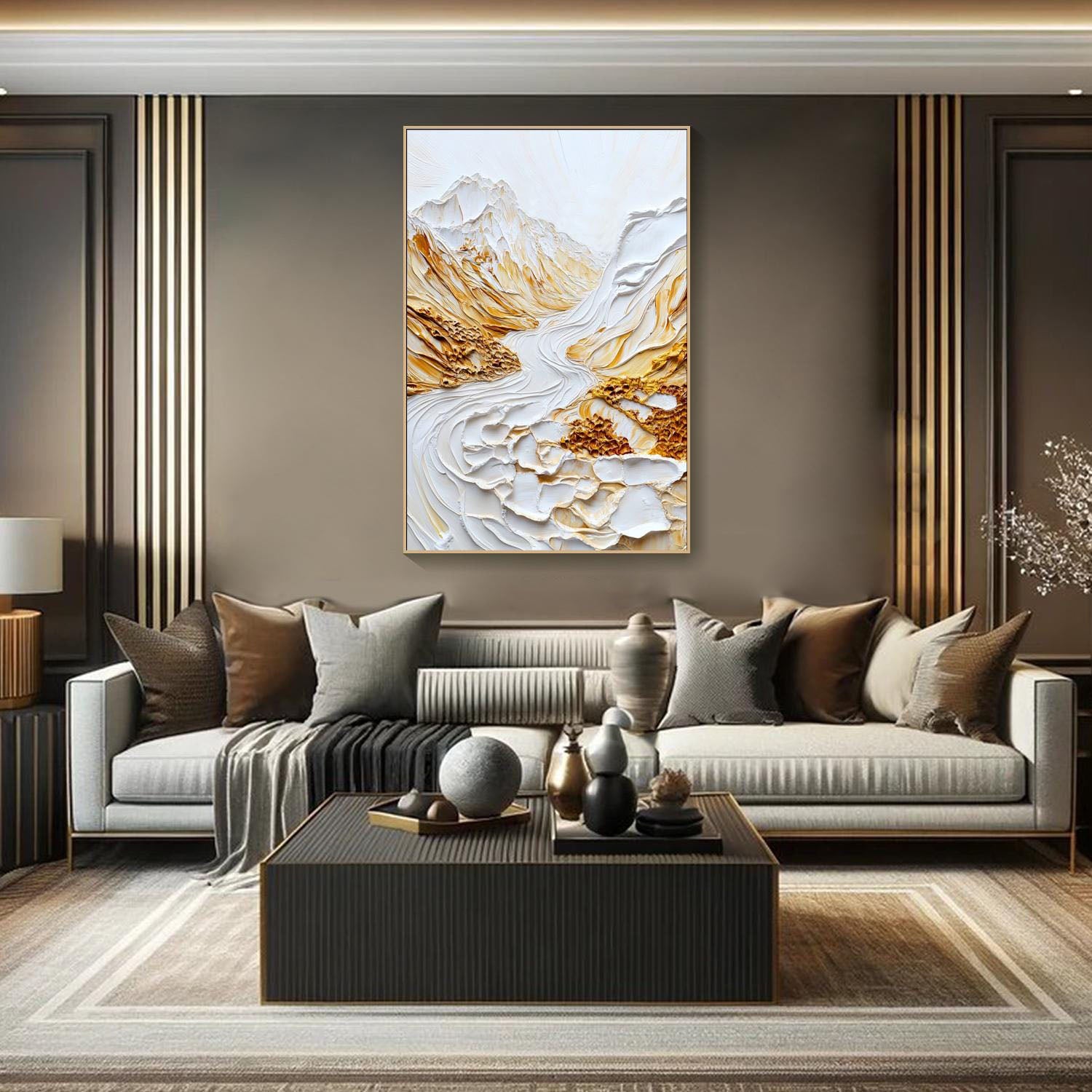 Modern 3D Embossed Landscape Art, White Gold Grand #TB 064