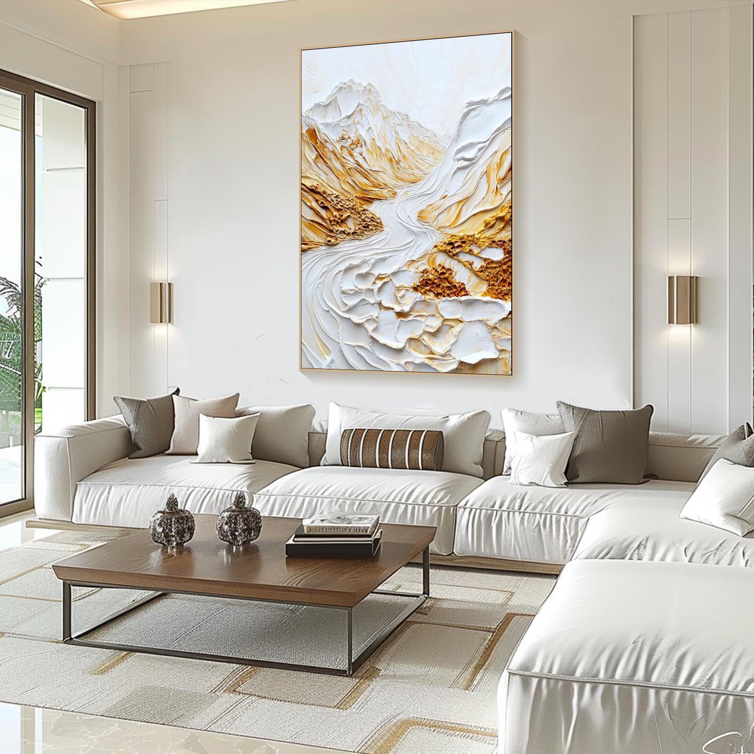 Modern 3D Embossed Landscape Art, White Gold Grand #TB 064