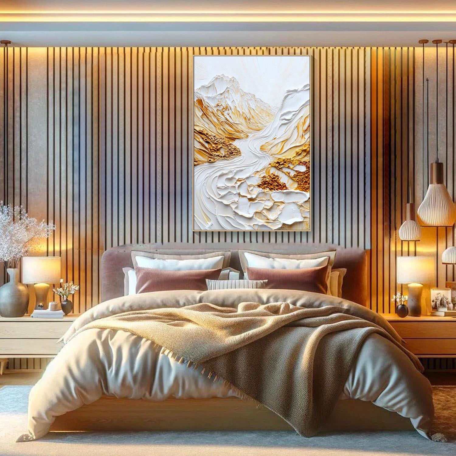 Modern 3D Embossed Landscape Art, White Gold Grand #TB 064