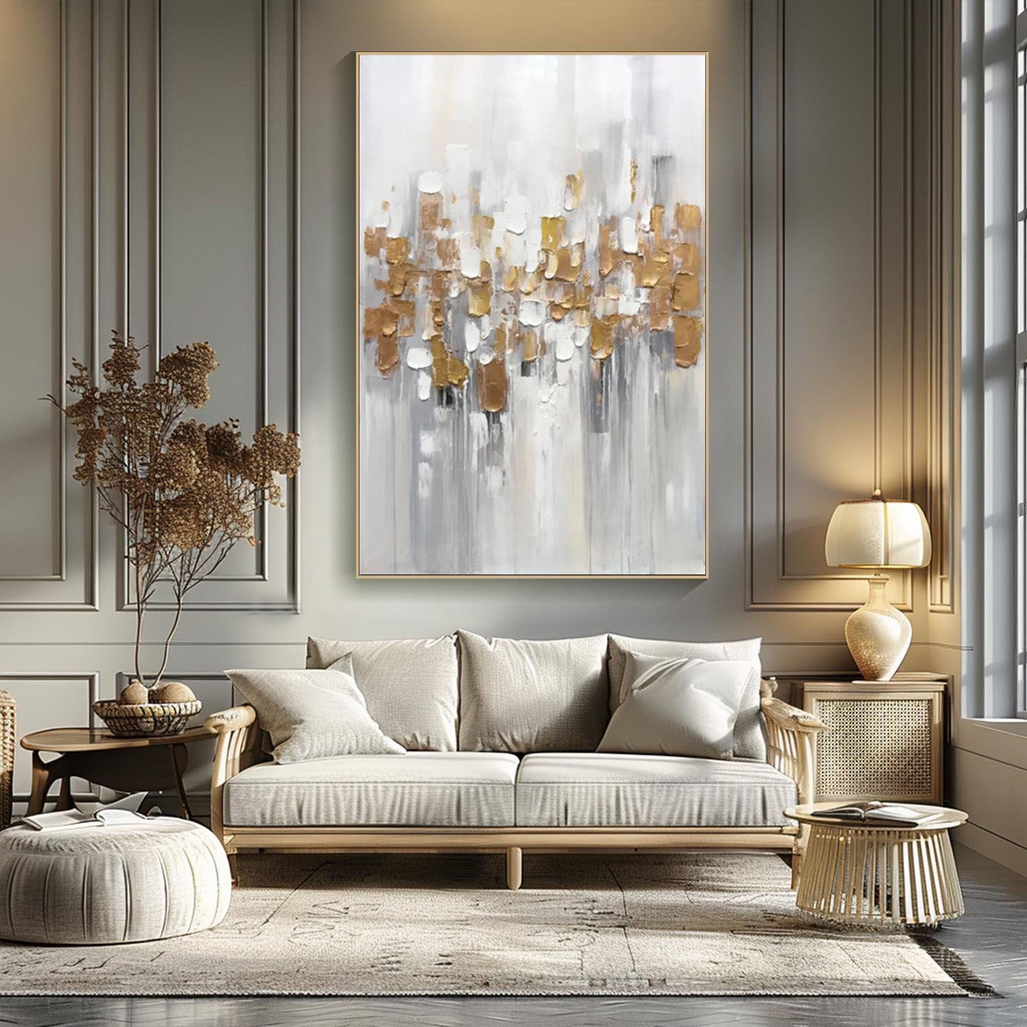 Modern Abstract Textured Oil Painting, White Gray Gold #TB 065