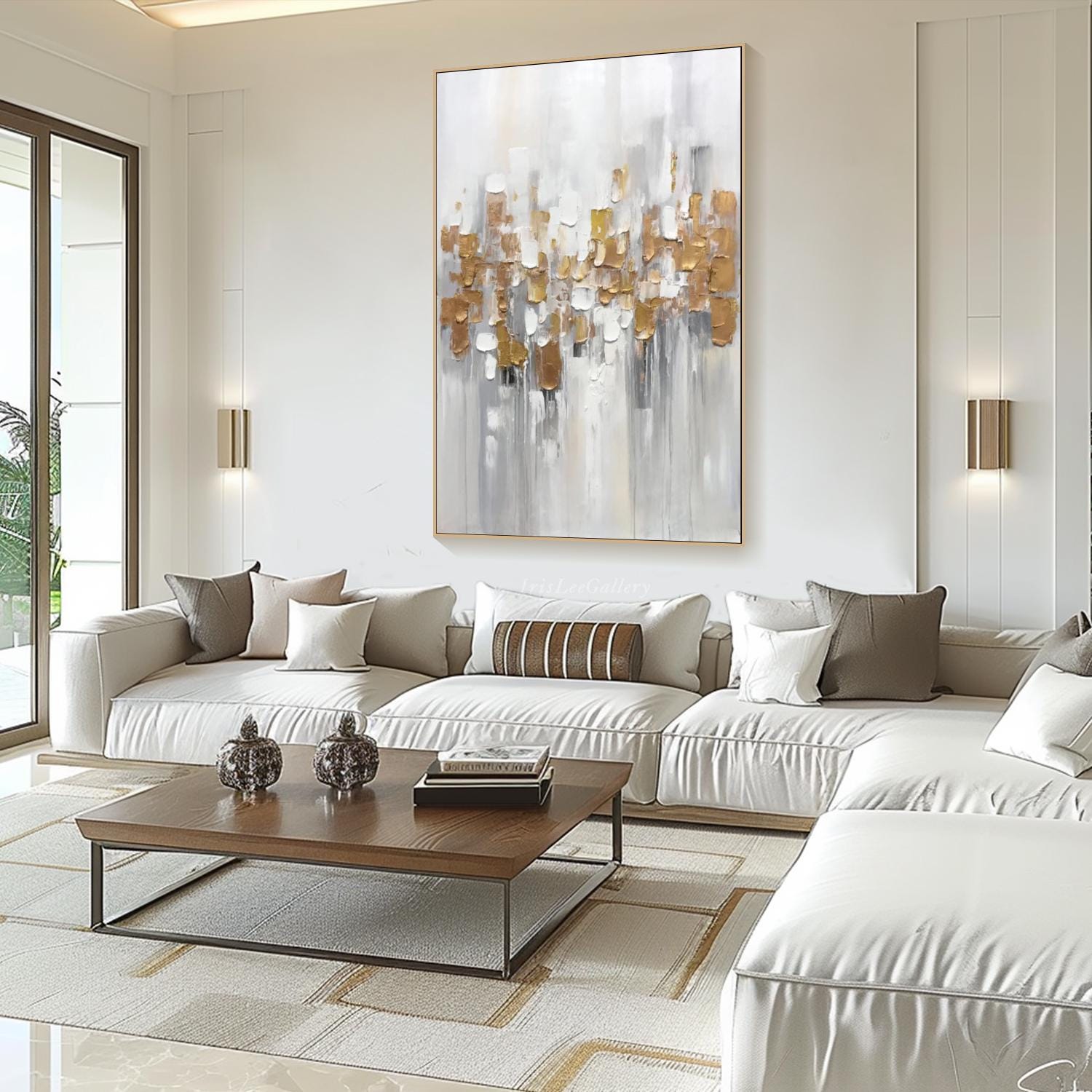 Modern Abstract Textured Oil Painting, White Gray Gold #TB 065