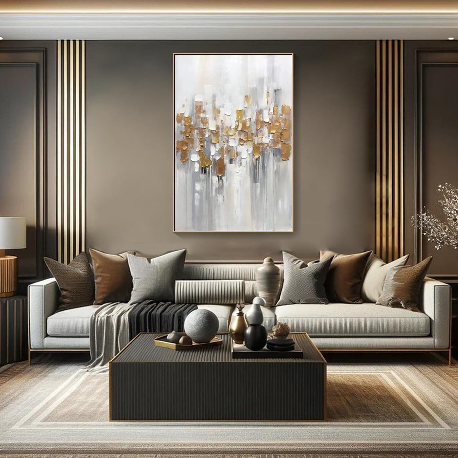 Modern Abstract Textured Oil Painting, White Gray Gold #TB 065