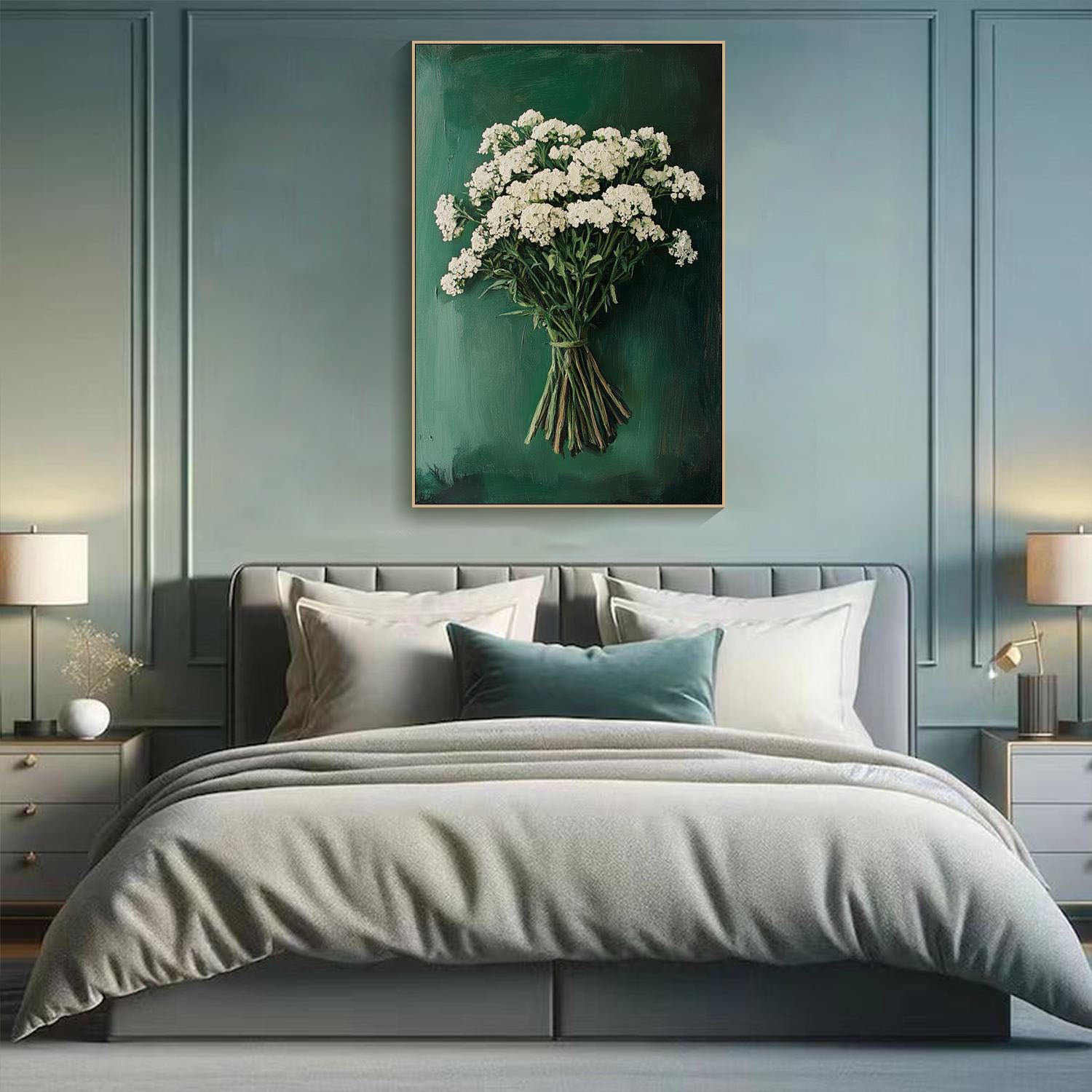 Green Background Floral Oil Painting | Modern Home Decor | Art Collection #TB 012