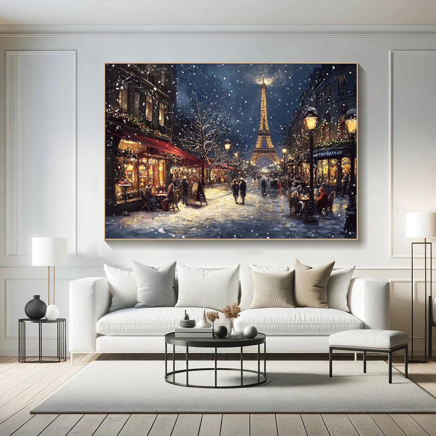 Paris Winter Night Snow Painting, Modern Romantic City #TB 081