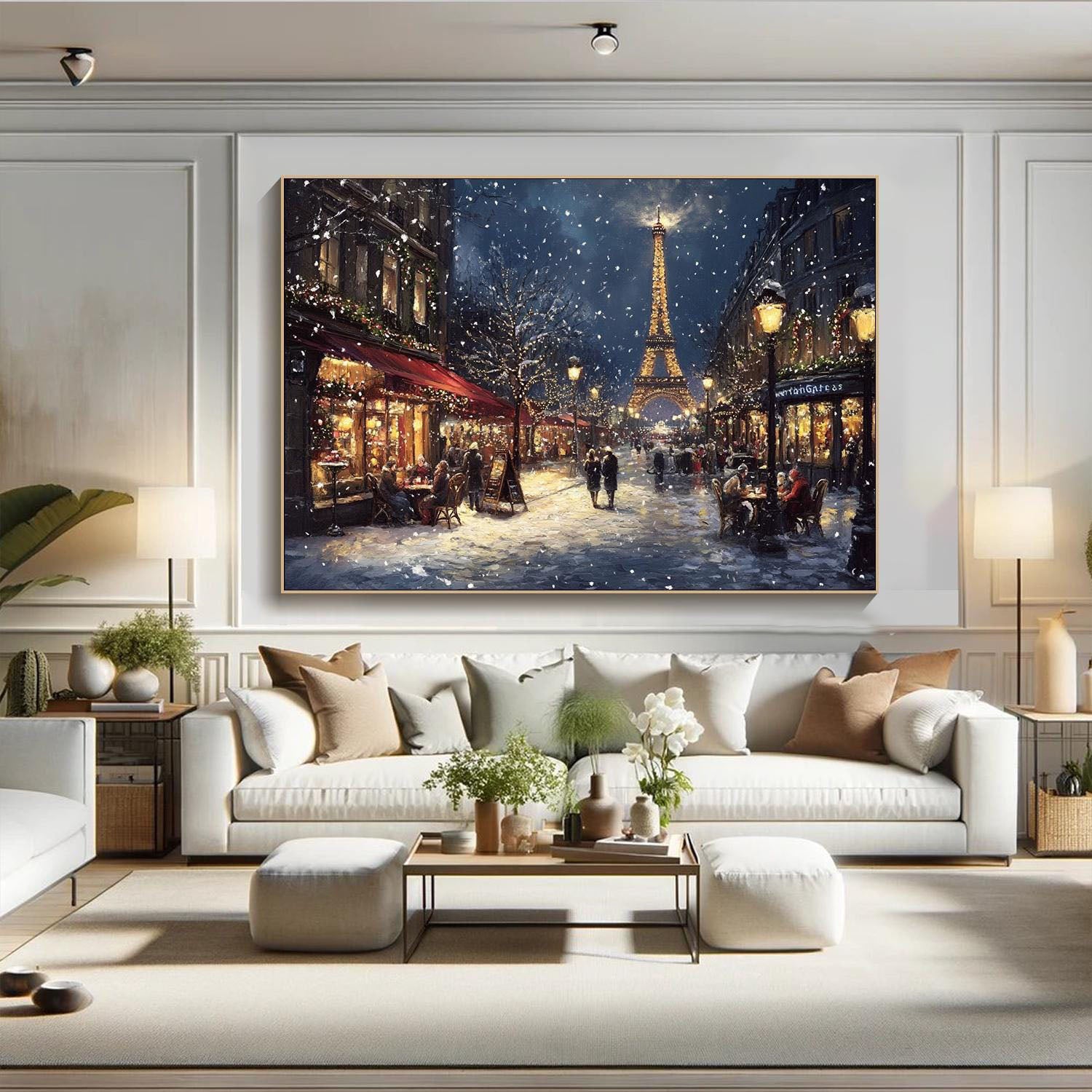 Paris Winter Night Snow Painting, Modern Romantic City #TB 081