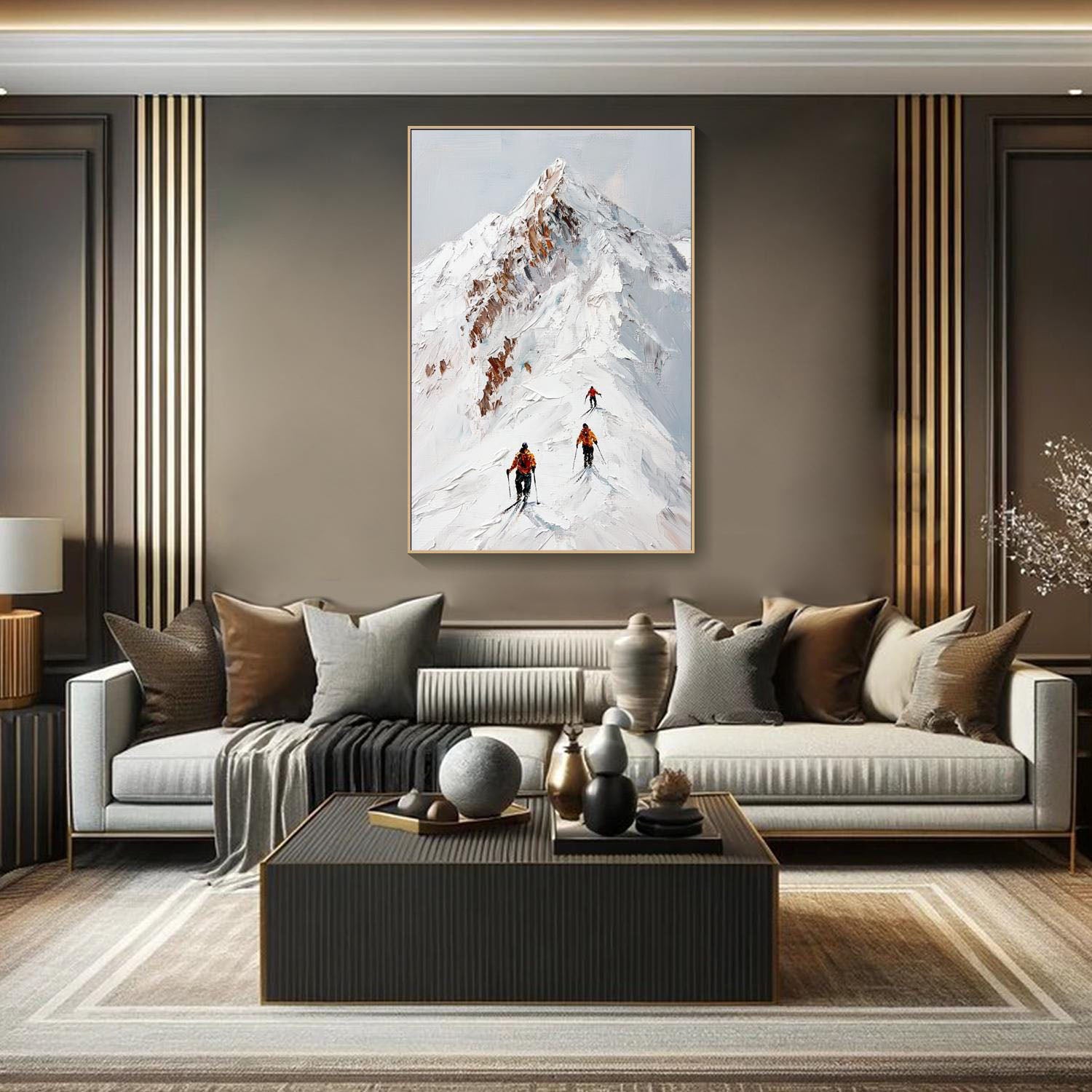 Modern Art Snow Mountain Painting, Climbers Abstract Landscape Decor
