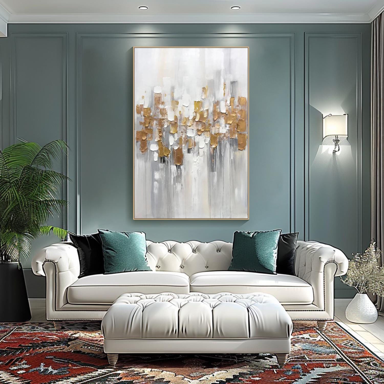 Modern Abstract Textured Oil Painting, White Gray Gold #TB 065