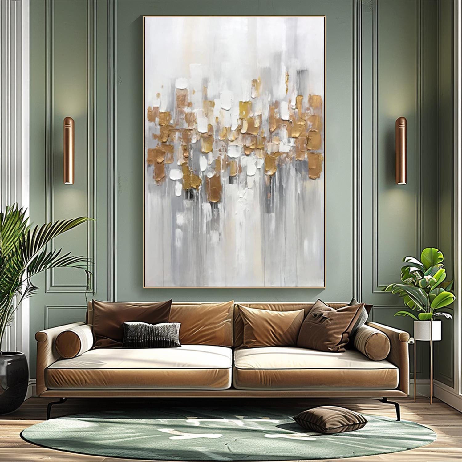 Modern Abstract Textured Oil Painting, White Gray Gold #TB 065